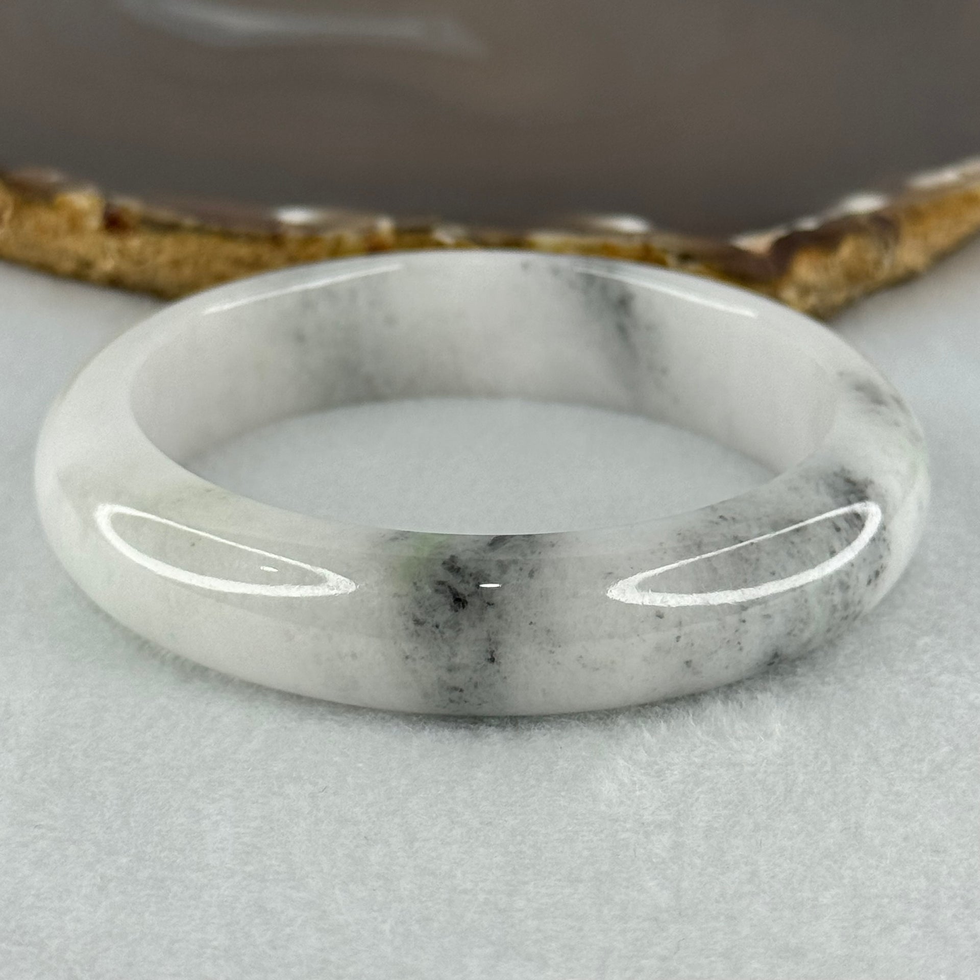 Type A Faint Lavender Green to White with Grey Wuji Patches Jadeite Bangle Internal Diameter 58.2mm 70.55g 14.0 by 9.3mm (Very Slight Internal Lines) - Huangs Jadeite and Jewelry Pte Ltd