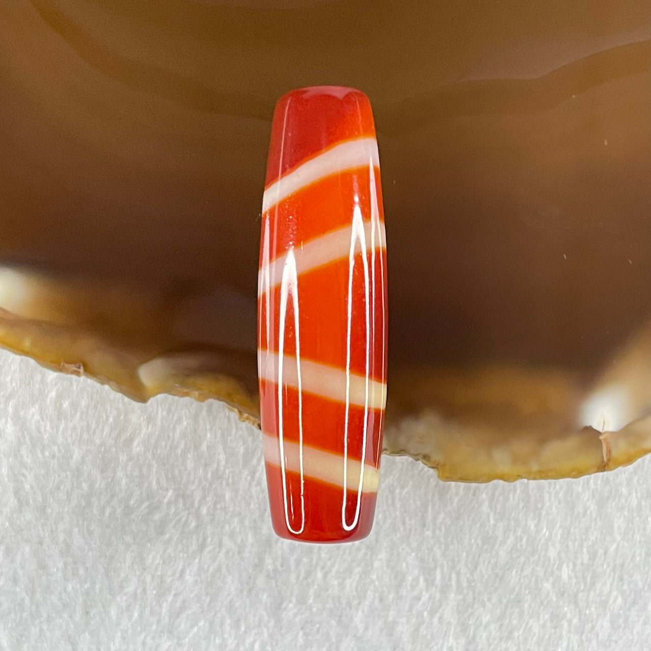 Natural Powerful Tibetan Old Oily Red White Agate 4 Lines Bead Heavenly Master (Tian Zhu) 8.32g 40.3 by 11.6mm - Huangs Jadeite and Jewelry Pte Ltd