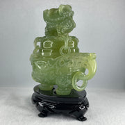 Natural Jelly Light Green Serpentine Pixiu Incense Burner with Wooden Stand Display 1,364.0 by 178.0 by 110.0 by 205.0mm - Huangs Jadeite and Jewelry Pte Ltd