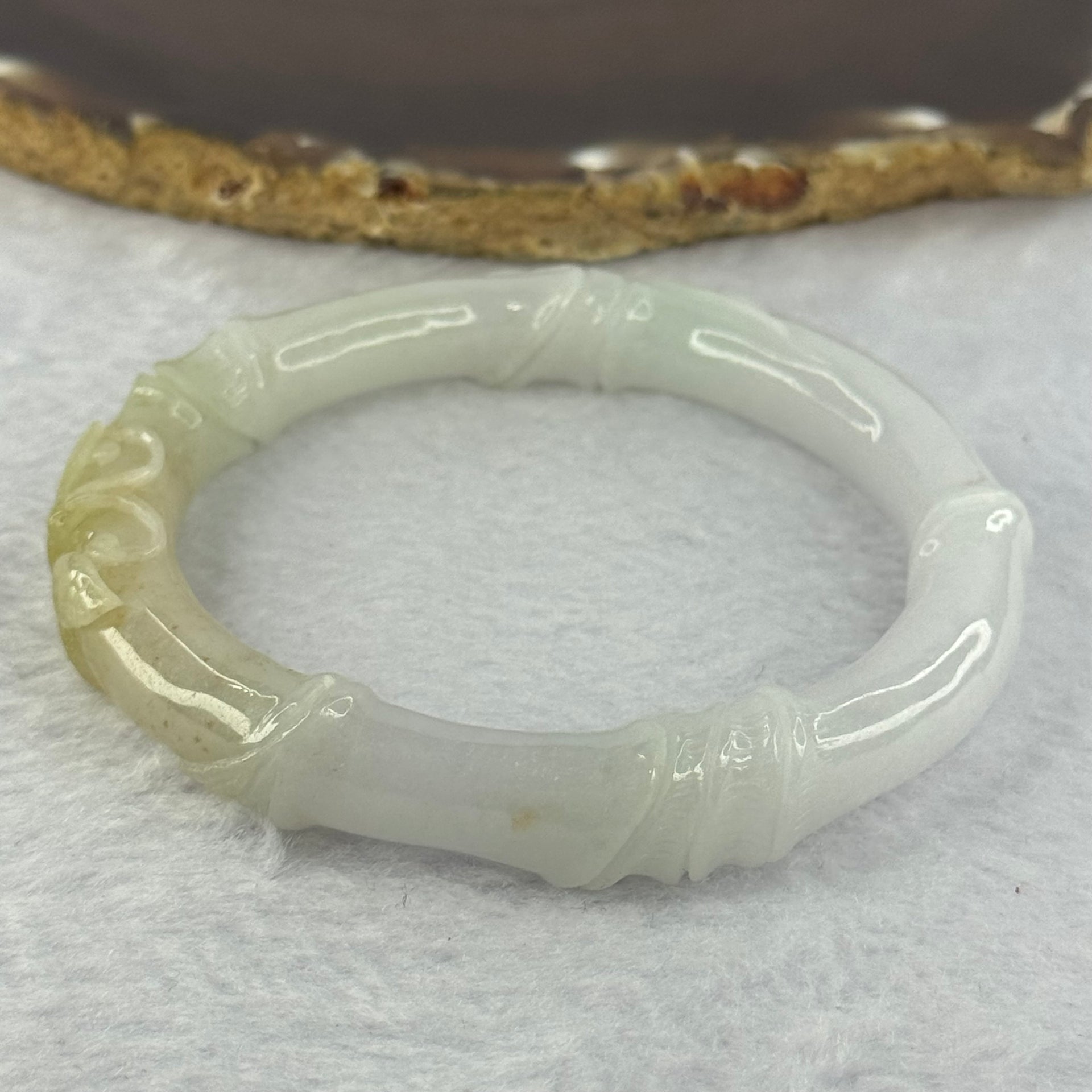 Type A Light Lavender and Yellow Jadeite Bamboo, Flower and Butterfly Bangle 55.16g 13.1 by 10.5mm Internal Diameter 59.9mm - Huangs Jadeite and Jewelry Pte Ltd