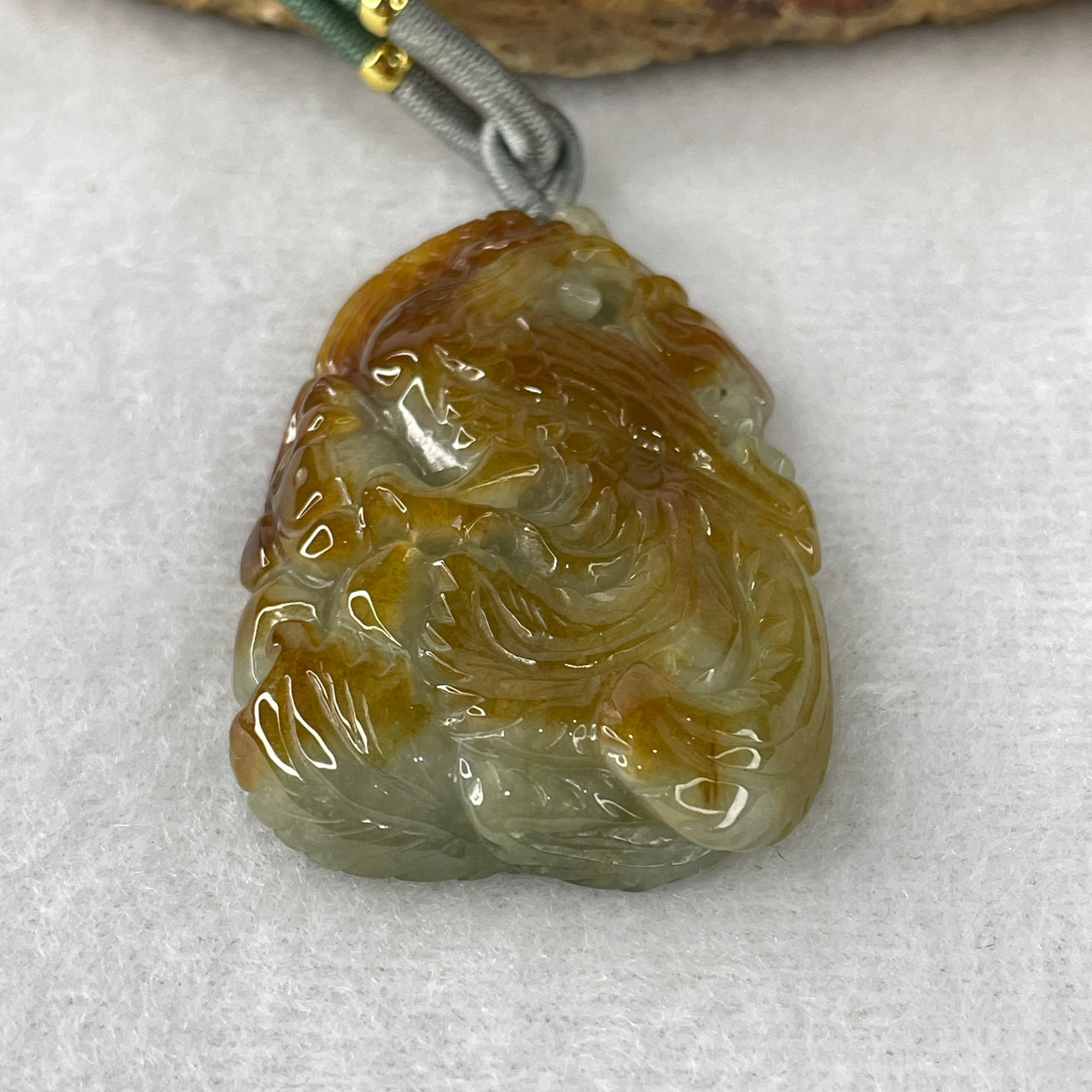 Certified Natural Type A Imperial Brownish Yellow & Green Jadeite Phoenix Pendant | Masterpiece Deep High-Relief Hand-Carving | Ultimate Myanmar Feicui Transformation & Sovereign Wealth Amulet (22.85g | 45.4x31.0x8.9mm)