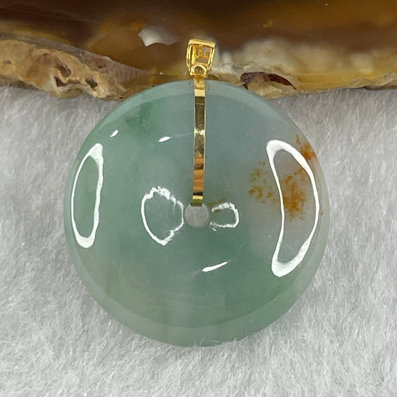 Natural Type A Green with Red Brown Jadeite Ping An Kou Donut Pendant in 18K Yellow Gold Setting Signifying Protection Blessings 5.64g 21.8 by 6.1mm