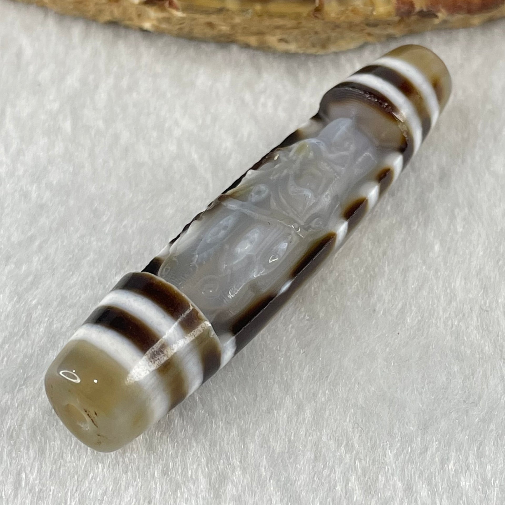 Natural Powerful Tibetan Old Oily Agate 2 Eye with Zha Ji La Mu Female Cai Shen Carvings Dzi Bead Heavenly Master (Tian Zhu) 两眼扎基拉姆女财神天诛 13.65g 57.7 by 13.5mm - Huangs Jadeite and Jewelry Pte Ltd