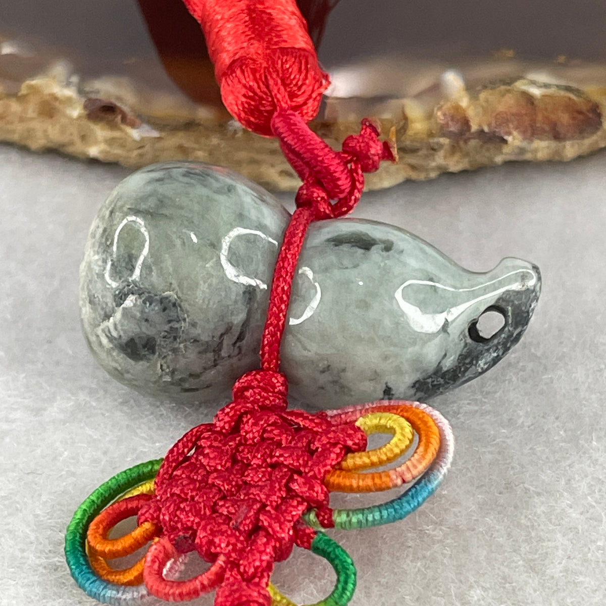Natural Type A Green with Wuji Black Jadeite Hulu Charm Display | Gourd Health, Wealth Accumulation & Protection (16.61g | 32.2 x 17.0mm | Slight Rough) - Huangs Jadeite and Jewelry Pte Ltd