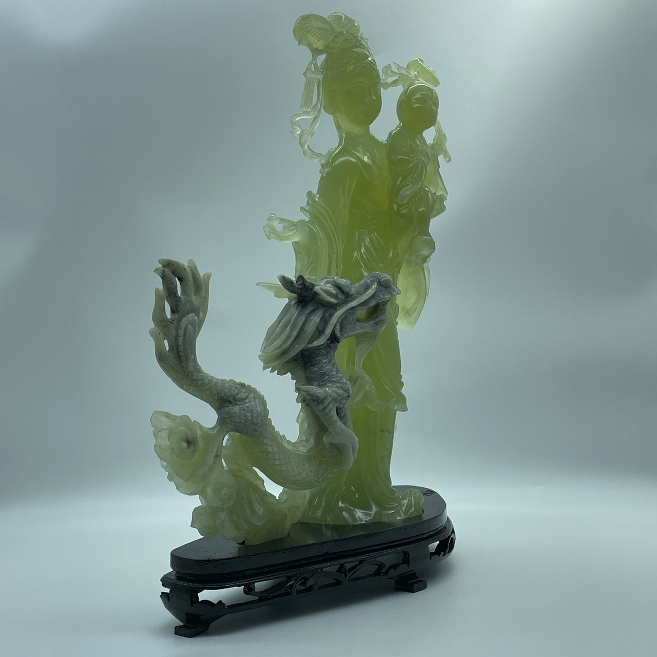 Natural Semi Icy Green Serpentine Fairy and Tong Zi with Dragon with Wooden Stand Display 2,391.2g 280.0 by 103.0 by 347.0mm