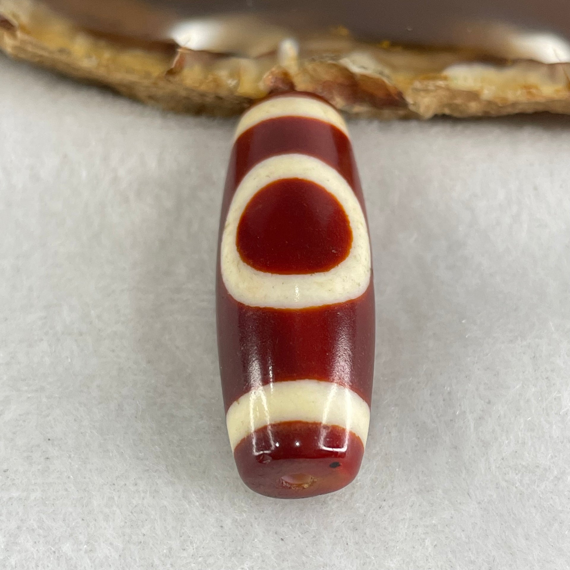 Natural Powerful Tibetan Old Oily Red White Agate One Eye Gold Metal Element Dzi Bead Heavenly Master (Tian Zhu) 一眼金天珠 10.48g 37.6 by 13.2mm - Huangs Jadeite and Jewelry Pte Ltd