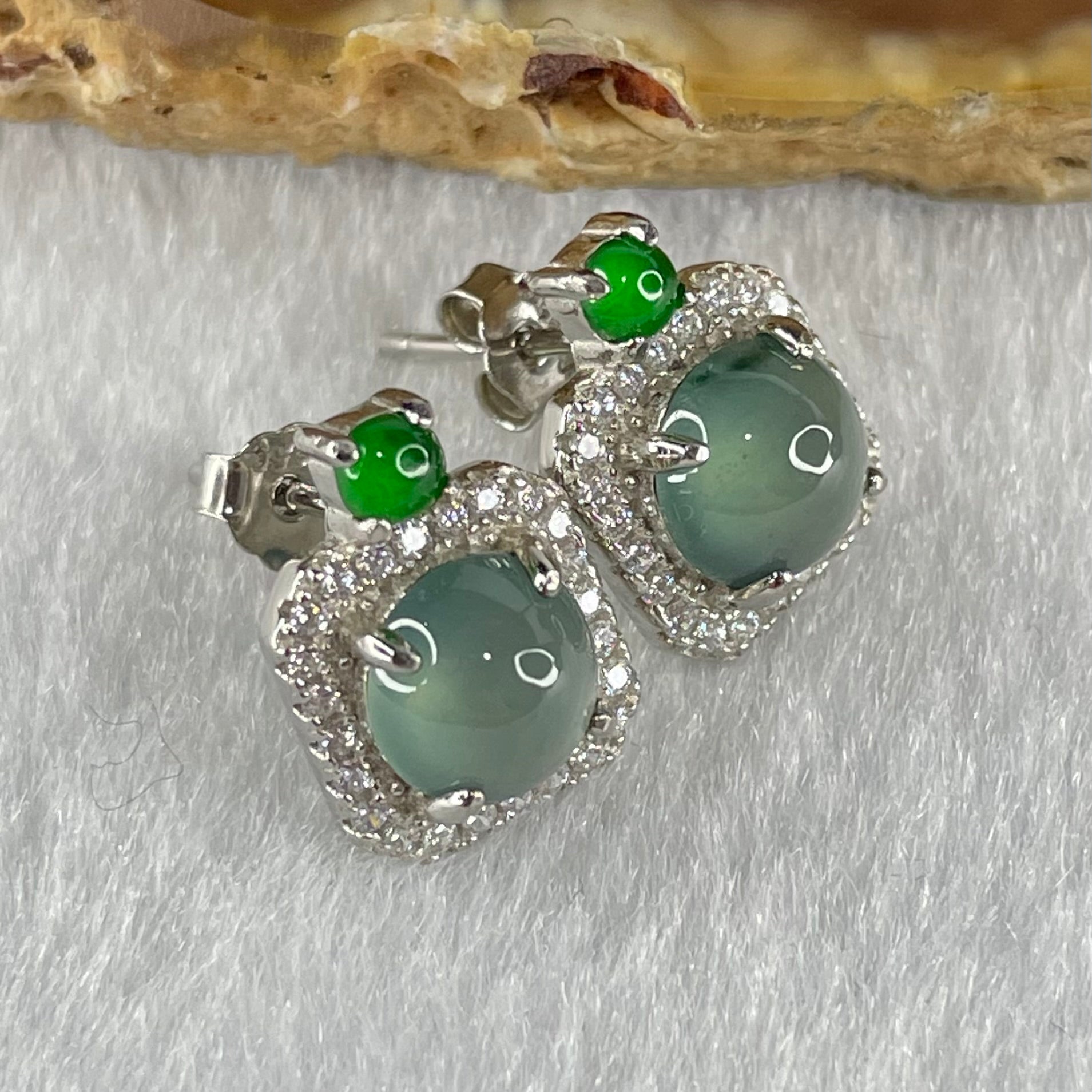 Type A Icy Blueish Green Jadeite Cabochons With Crystals in S925 Sliver Earrings 2.54g 6.6 by 4.0mm - Huangs Jadeite and Jewelry Pte Ltd