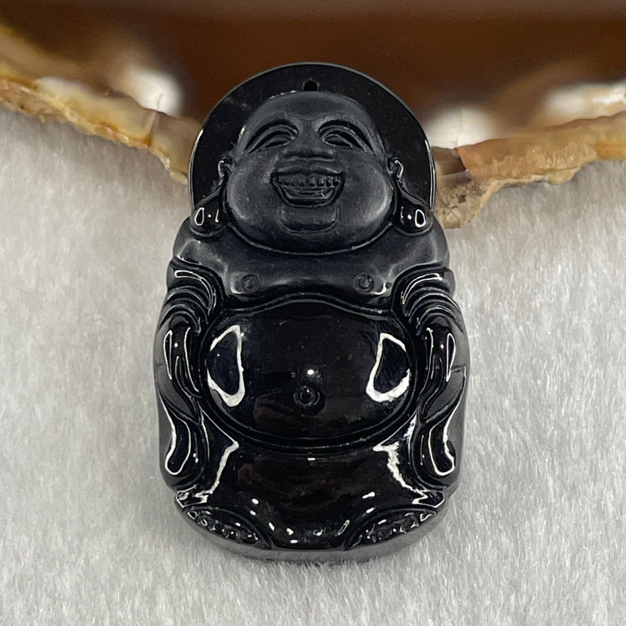 Type A Opaque to Partial Translucent Black Omphacite Jadeite Milo Buddha Pendant 17.08g 40.5 by 24.8 by 9.2mm - Huangs Jadeite and Jewelry Pte Ltd