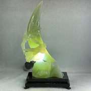 Natural Green Serpentine Twin Cranes on Mountain and Moon with Wooden Stand Display 804.7g H147.0 by B100.0 by H226.0mm - Huangs Jadeite and Jewelry Pte Ltd