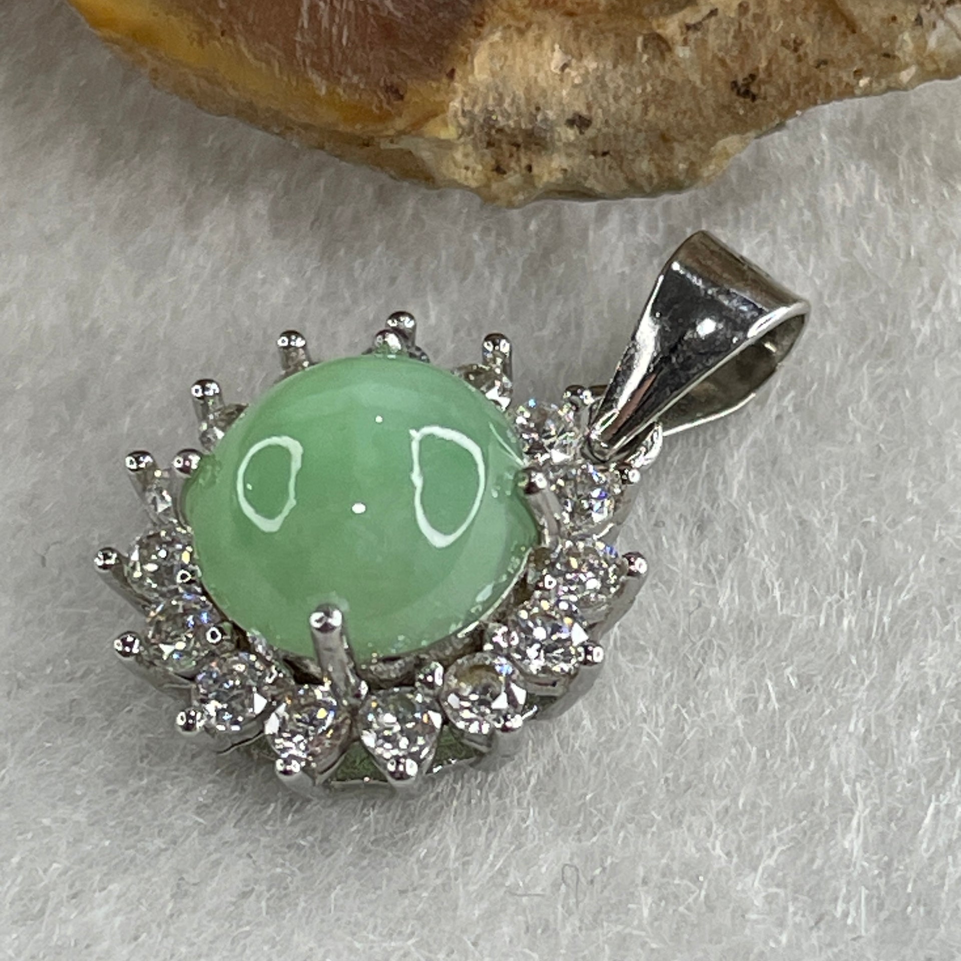 Type A Green Jadeite Pendant with Cubic Zirconia in S925 Sliver 1.89g 7.6 by 5.0mm - Huangs Jadeite and Jewelry Pte Ltd