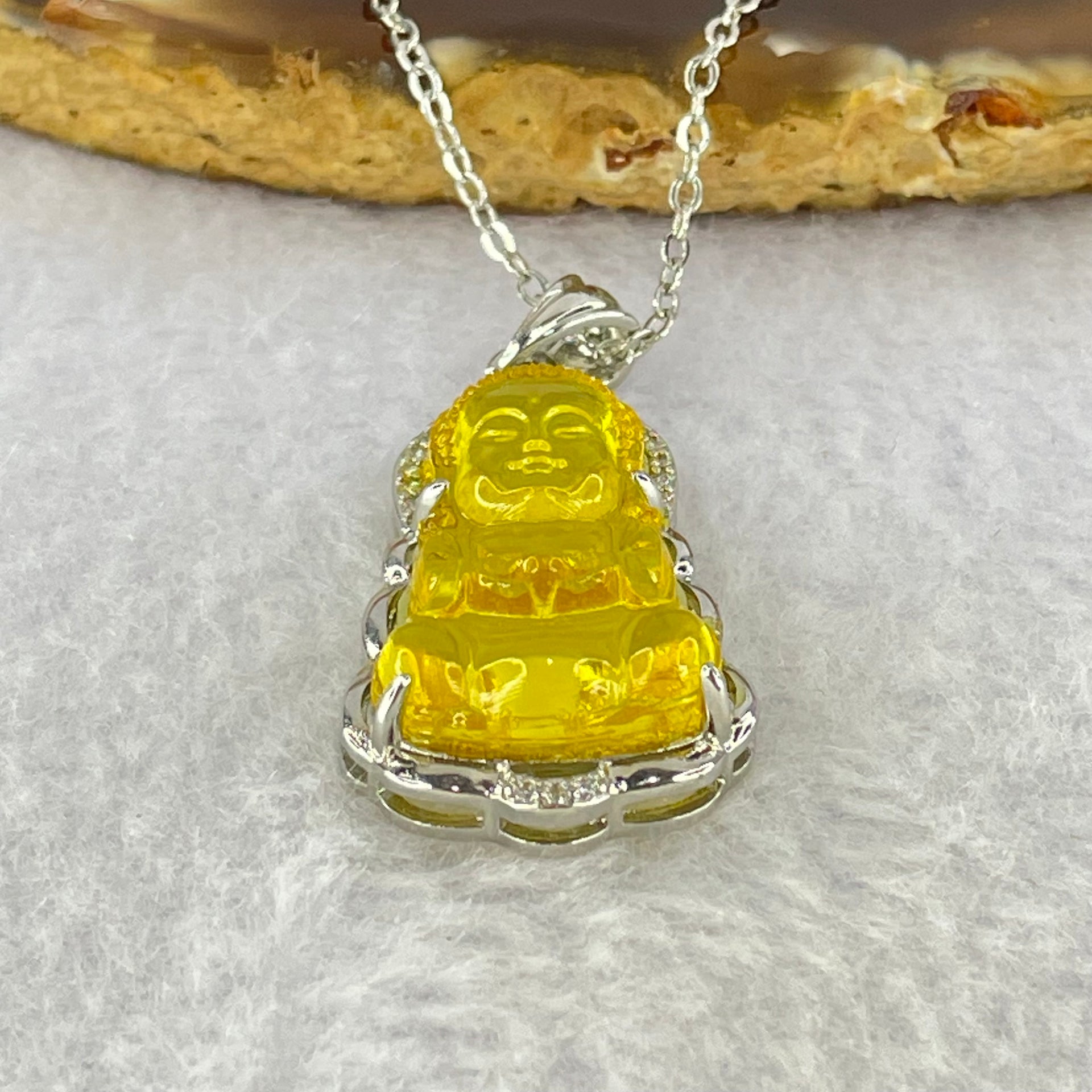 Natural Yellow Amber Buddha Pendent in S925 Sliver Necklace 4.43g 23.0 by 14.1 by 4.0mm - Huangs Jadeite and Jewelry Pte Ltd
