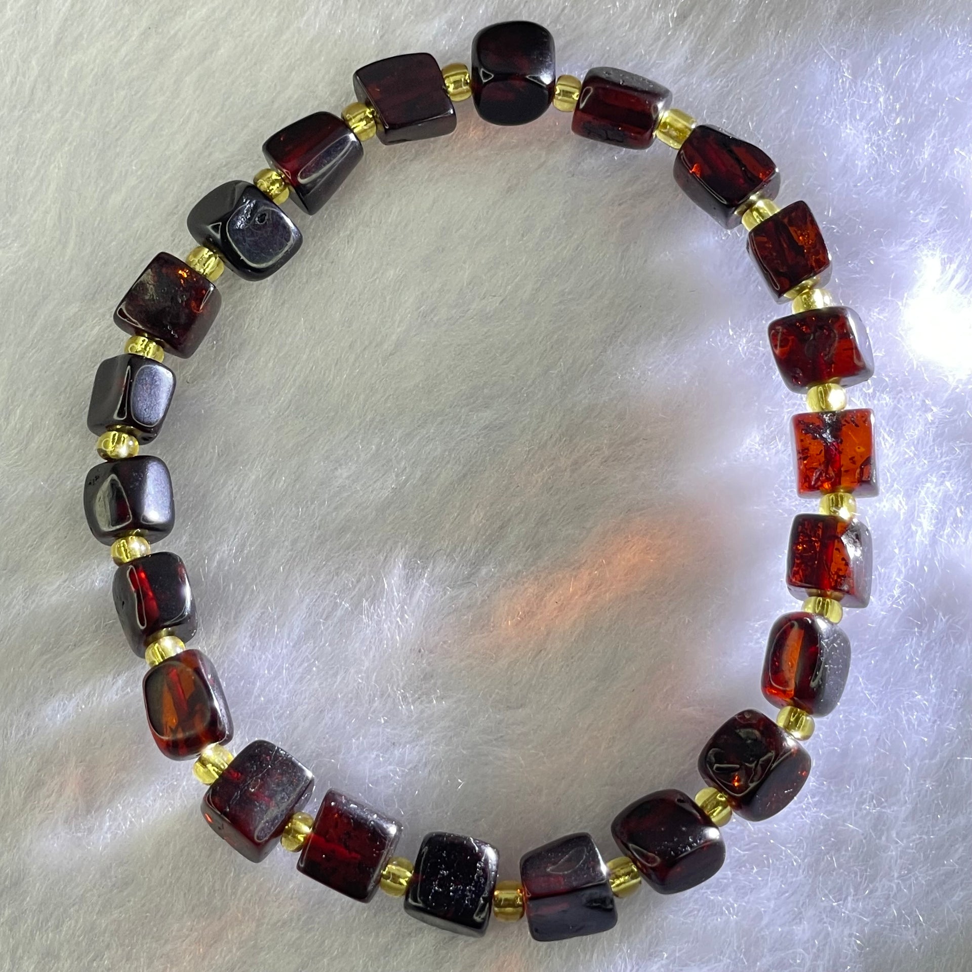 Natural Dark Blood Red Amber Cubes Bracelet 天然血珀手链 4.89g 15.5cm 6.3mm 22 Beads - Huangs Jadeite and Jewelry Pte Ltd