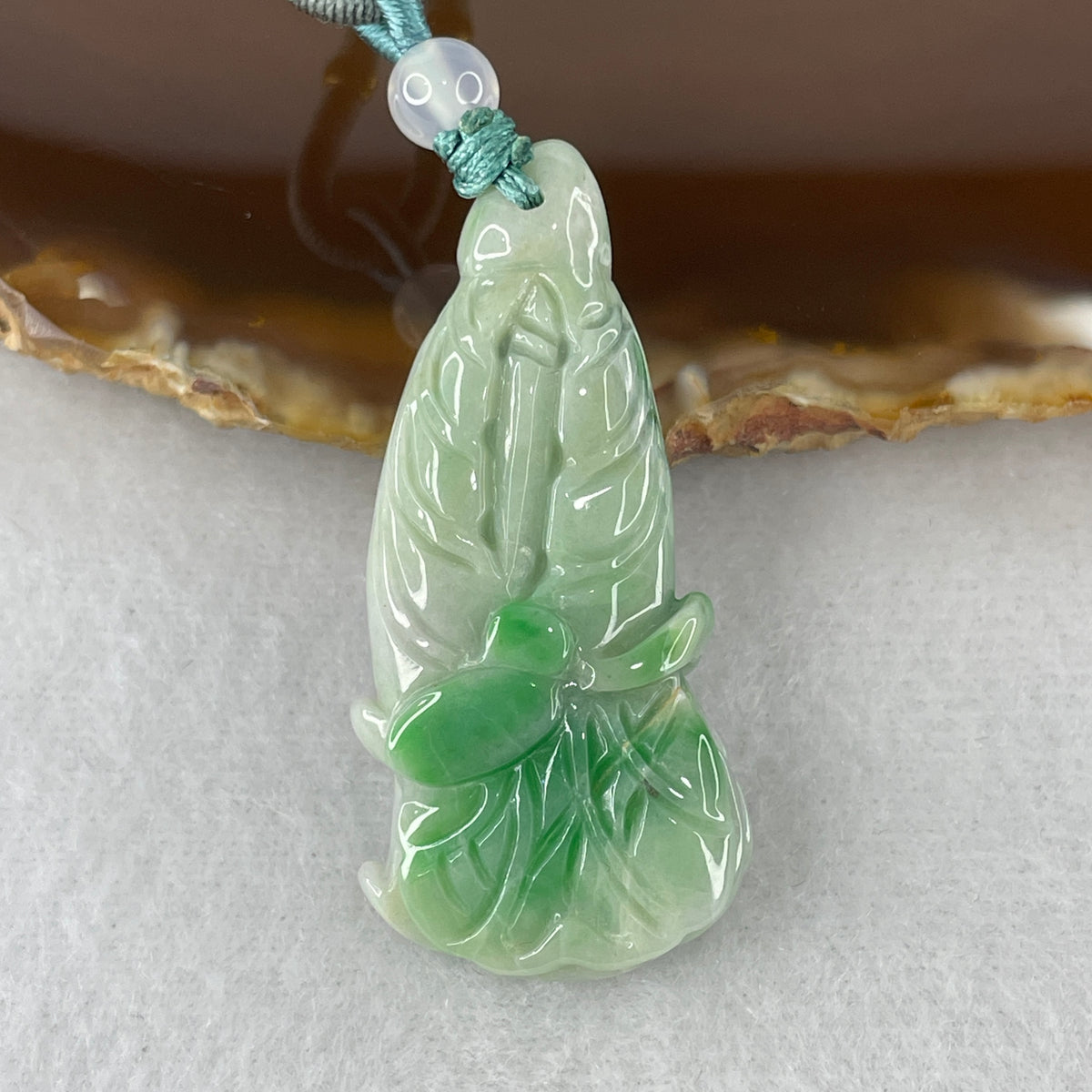 Natural Type A Light Green Jadeite Cabbage Pendant with Apple Green Piao Hua | 100% Untreated Hand-Carved Bai Cai Fortune Talisman | Solid Fei Cui Jade Pendant (16.35g | 54.8 × 21.7 × 8.7mm)