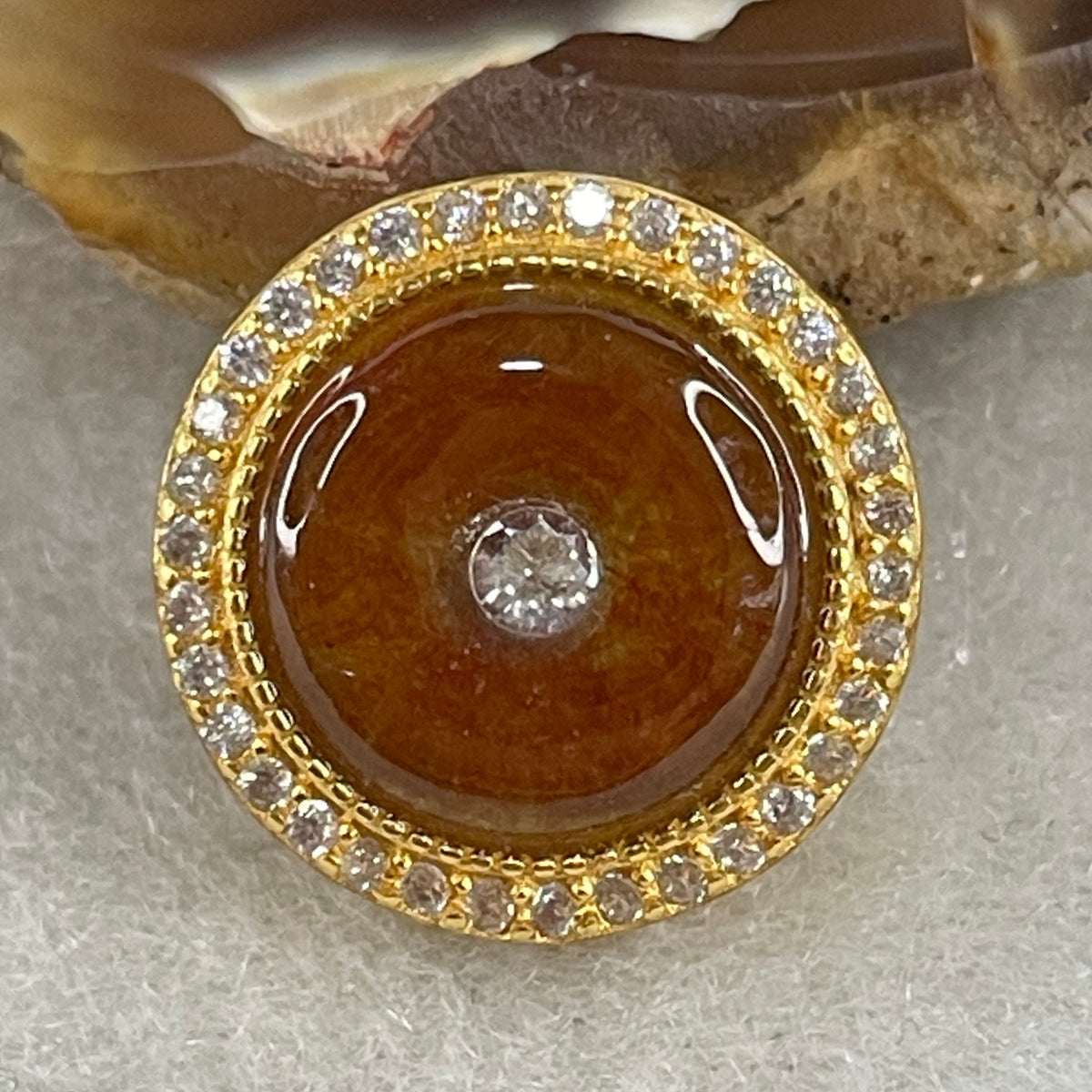 Natural Type A Brownish-Red Jadeite Ping An Kou Pendant in S925 Gold Color | 11mm Red Jade Peace Disc Talisman (1.73g | 10.7 x 1.5mm) - Huangs Jadeite and Jewelry Pte Ltd
