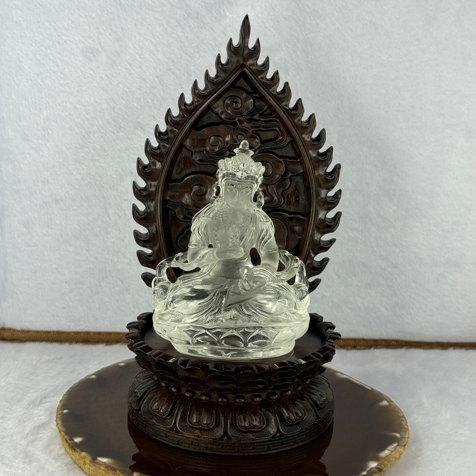High Quality Natural Clear Quartz Vajrasattva With High Grade Wooden Stand Display 白水晶金刚撒埵和木脚摆件 526.66g 180.0 by 96.mm - Huangs Jadeite and Jewelry Pte Ltd