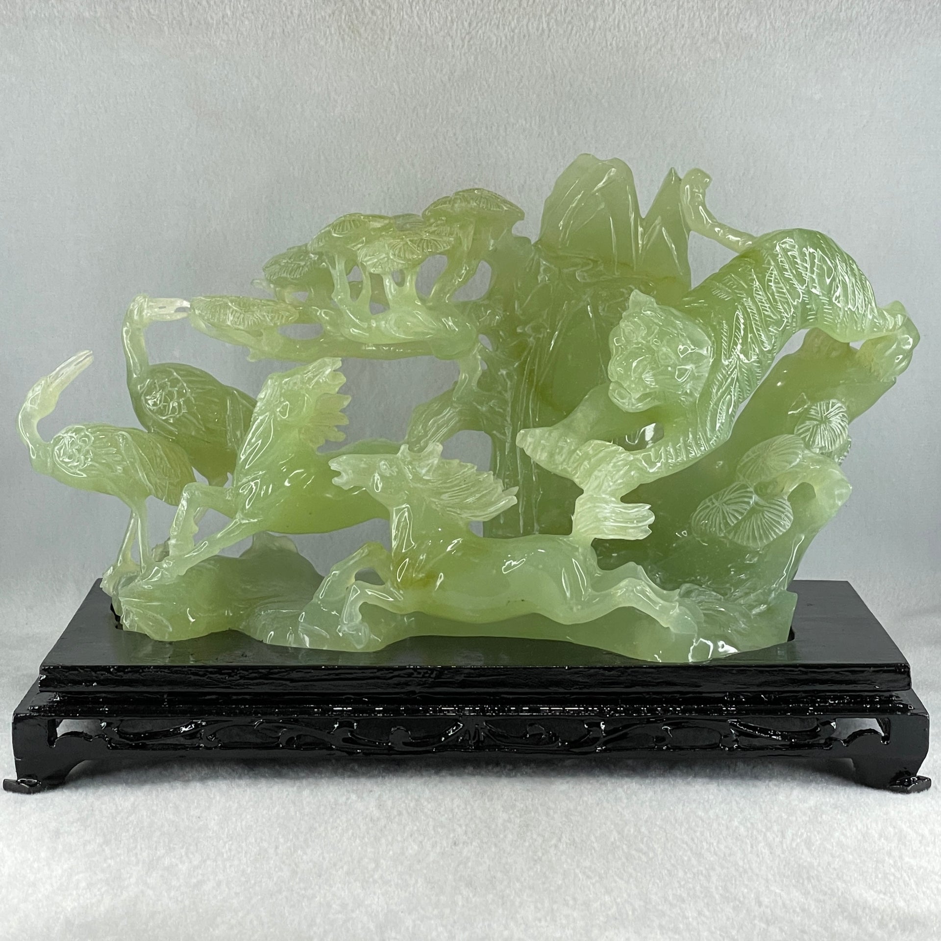 Natural Jelly Green Serpentine Tiger with Double Horse and Twin Flamingo on Shan Shui with Wooden Stand Display 2,362.7g 295.0 by 148.0 by 206.0mm - Huangs Jadeite and Jewelry Pte Ltd