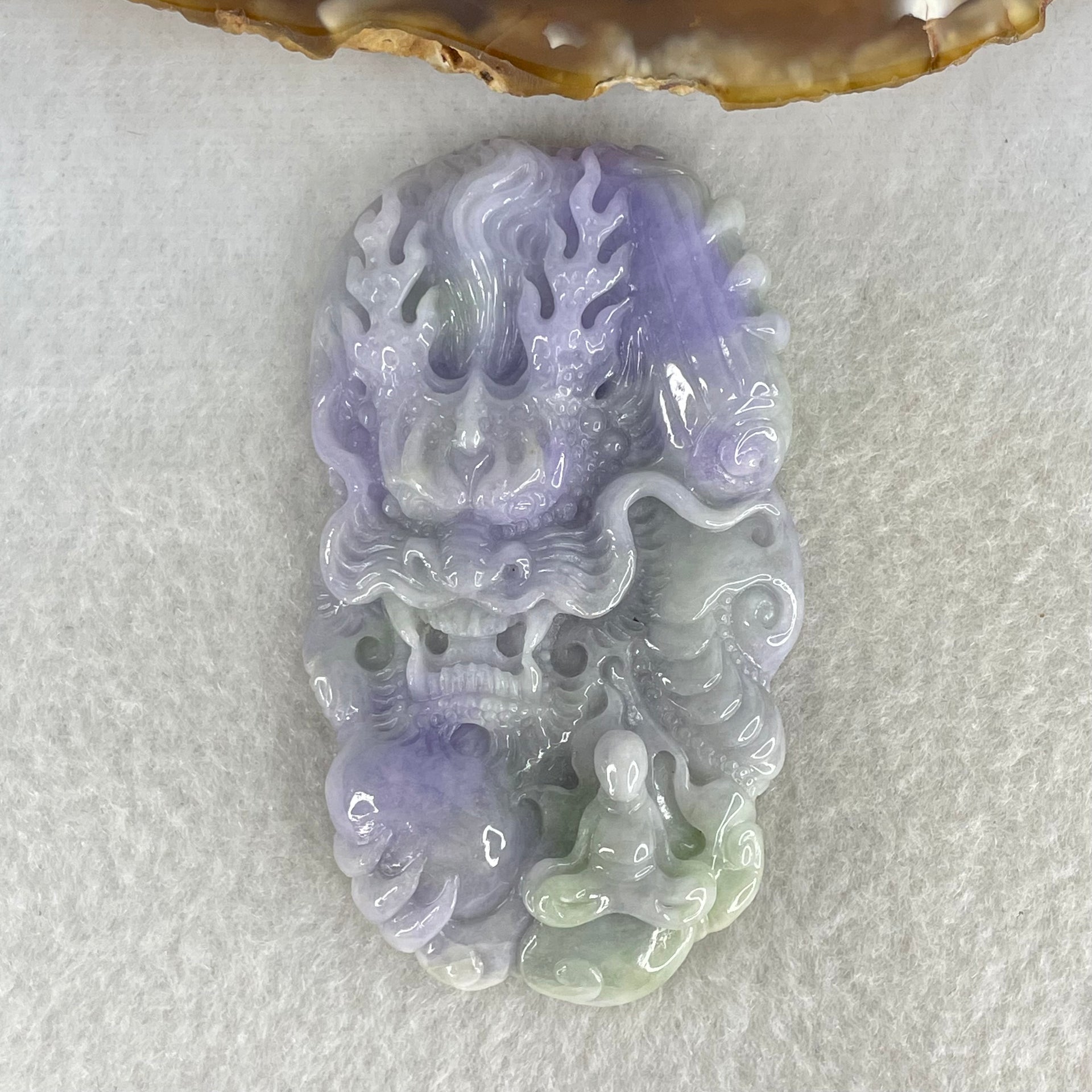 Type A Bright Intense Lavender Green Jadeite Double Sided Dragon with Benefactor Pendant 39.73g 65.0 by 37.4 by 9.8mm - Huangs Jadeite and Jewelry Pte Ltd