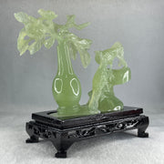 Natural Green Serpentine Double Magpies Birds on Mountain with Flower on Vase with Wooden Stand Display 553.8g 180.0 by 95.0 by 170.0mm - Huangs Jadeite and Jewelry Pte Ltd