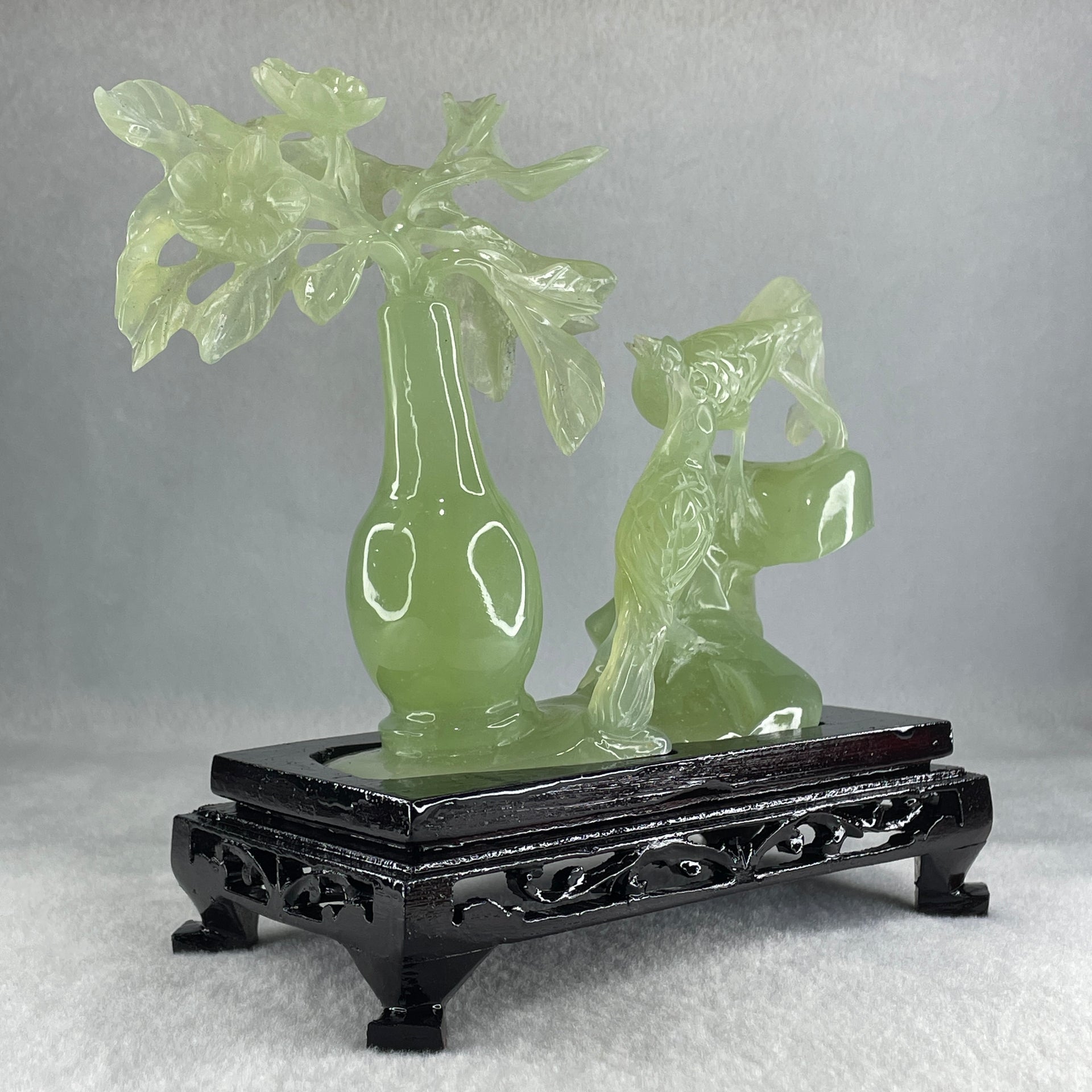 Natural Green Serpentine Double Magpies Birds on Mountain with Flower on Vase with Wooden Stand Display 553.8g 180.0 by 95.0 by 170.0mm - Huangs Jadeite and Jewelry Pte Ltd