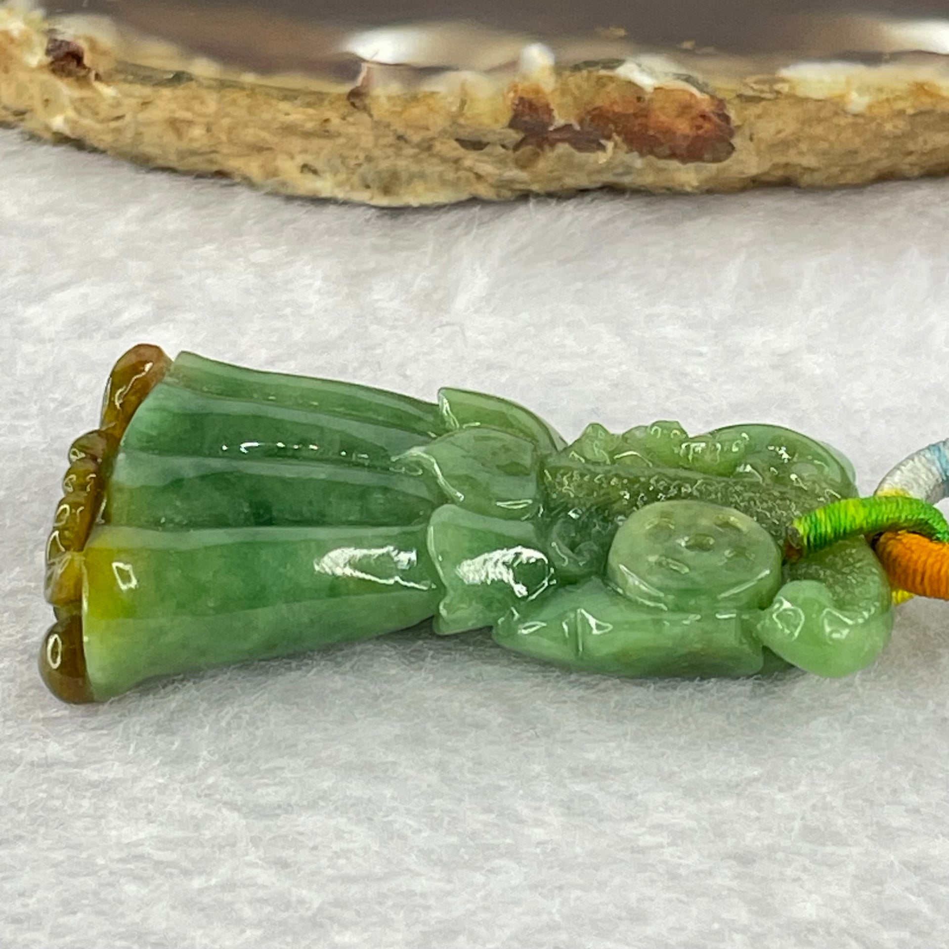 Type A Full Bright Spicy Green and Brown Jadeite Flower Dragonfly Ruyi Coin 17.01g 42.4 by 24.3 by 9.2mm - Huangs Jadeite and Jewelry Pte Ltd