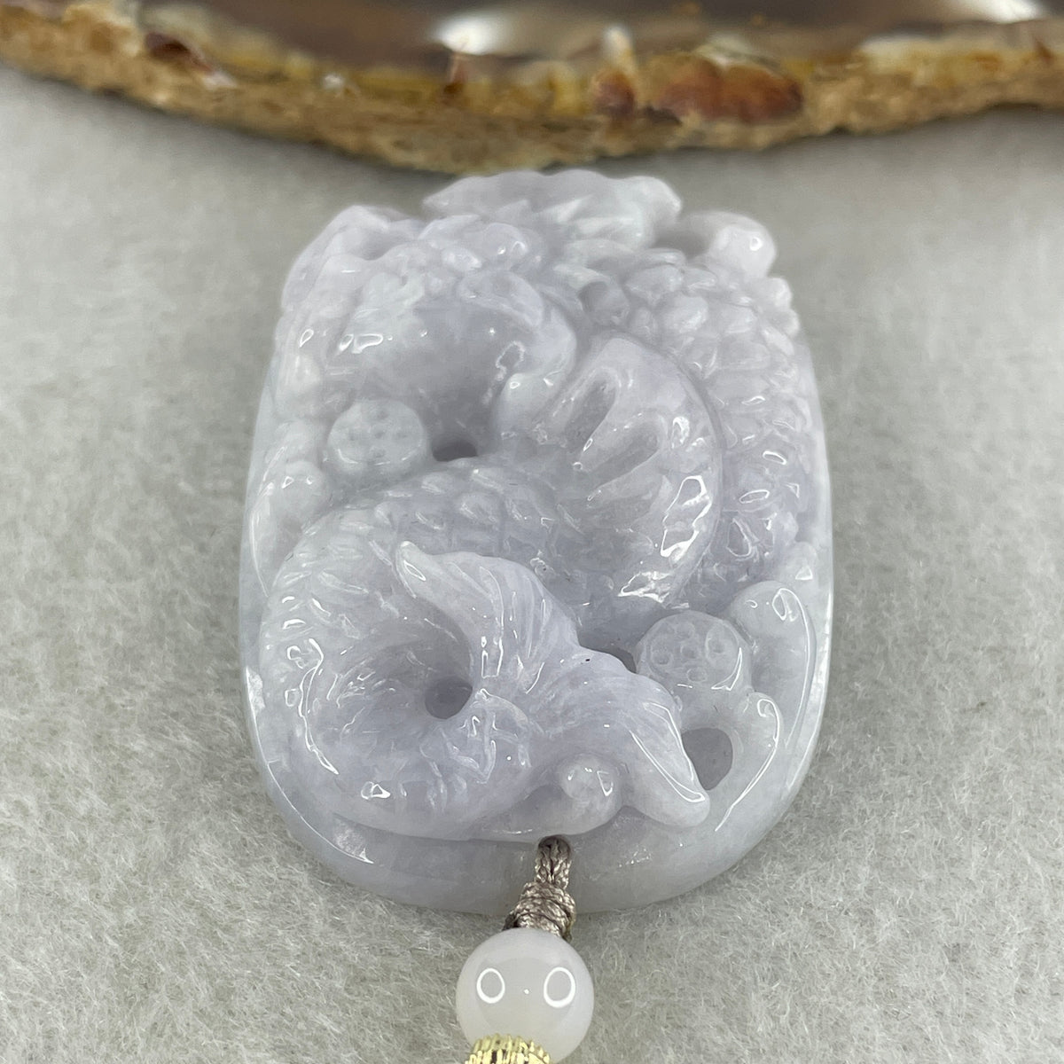 Natural Type A Lavender Jadeite Dragon Carp with Lotus Pendant | Transformation, Academic & Career Success Talisman (37.83g | 47.3 x 32.2 x 12.1mm) - Huangs Jadeite and Jewelry Pte Ltd