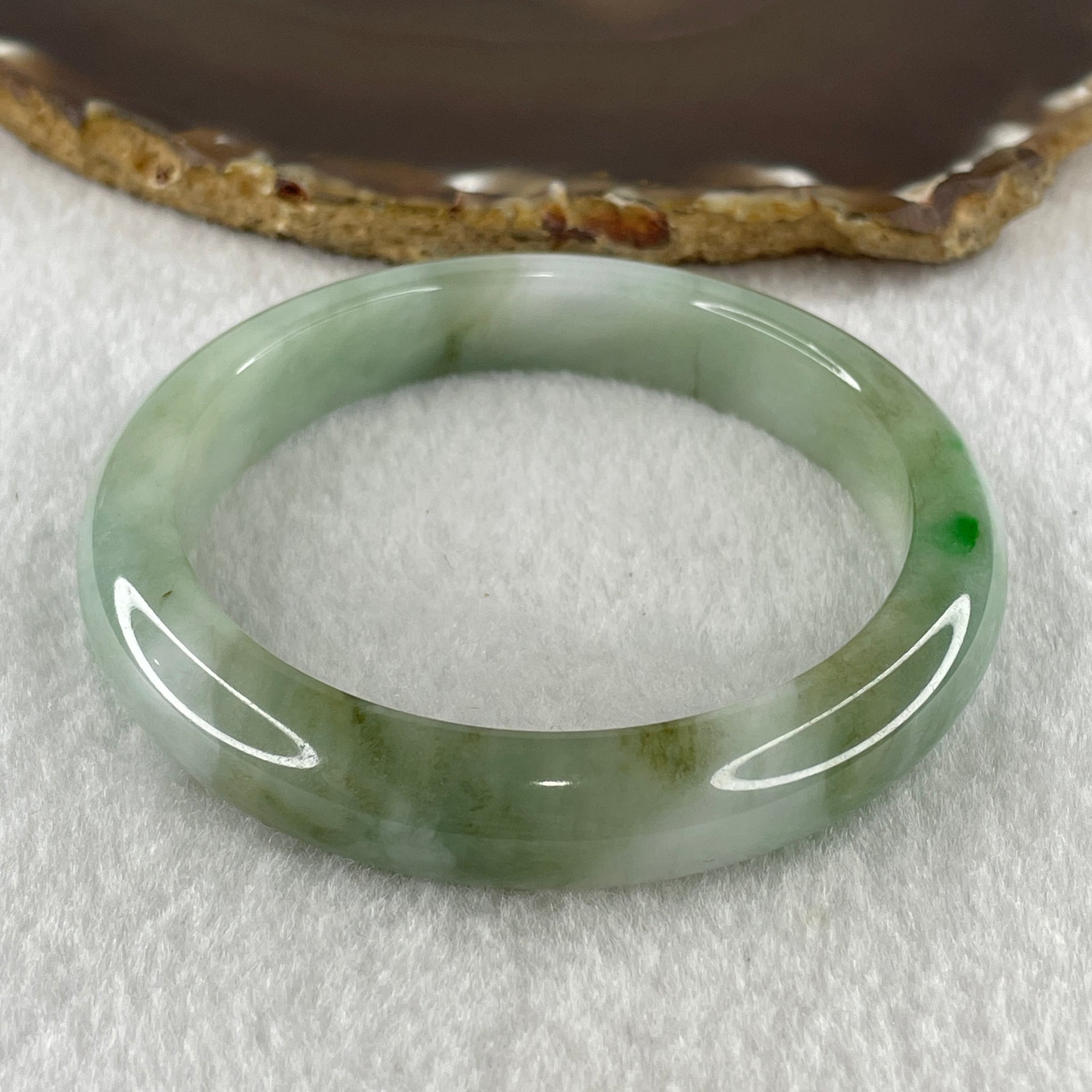 Natural Type A Jelly Light Green with Blueish Green Piao Hua Flora Jadeite Bangle 60.75g Inner Diameter 60.8mm 12.3 by 9.4mm (Very Very Slight Internal Lines) - Huangs Jadeite and Jewelry Pte Ltd