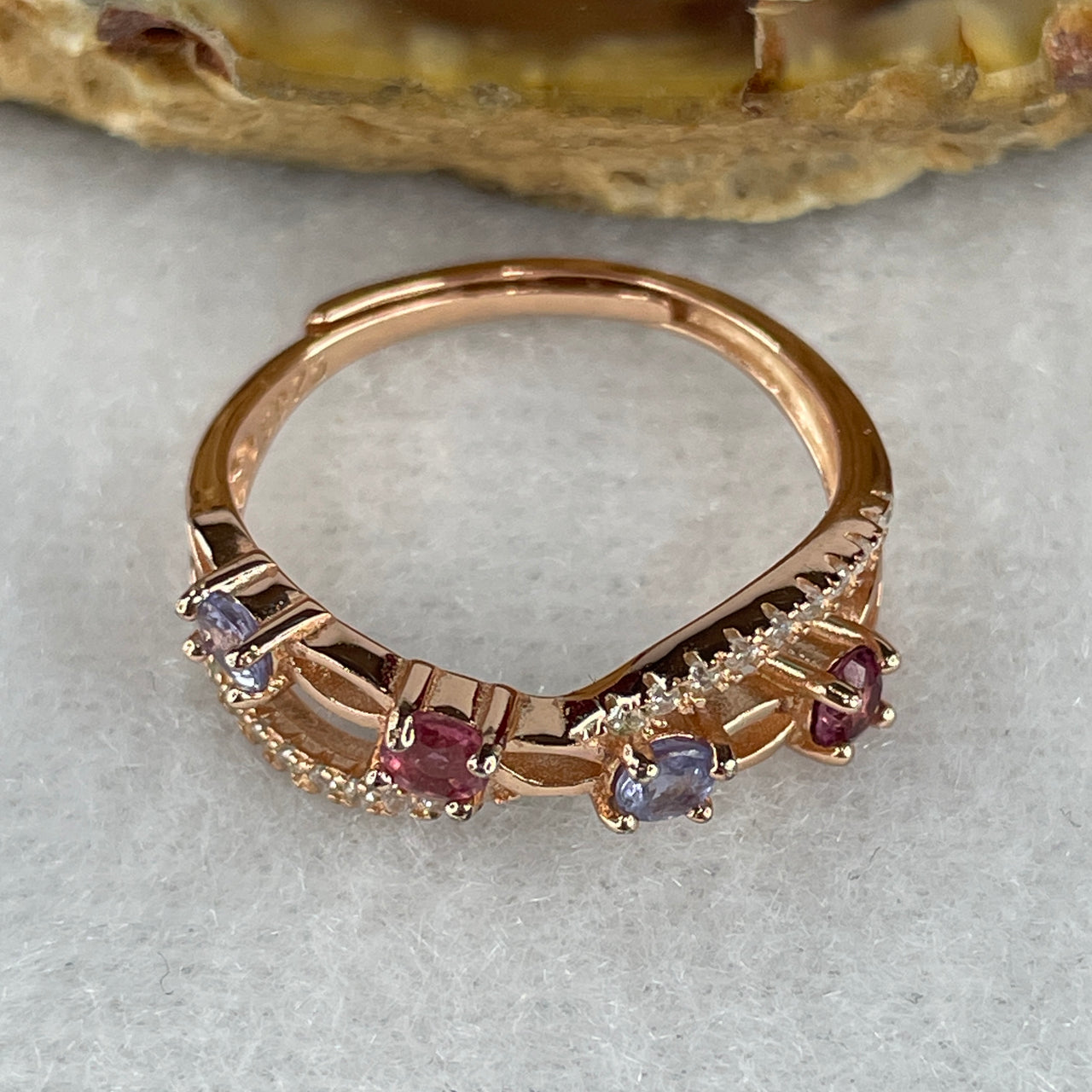 Natural Rubilite and Blue Topaz with Cubic Zirconia in S925 Sliver Gold Color Ring 1.96g 3.1 by 2.0mm 4 Pcs (Adjustable Size)