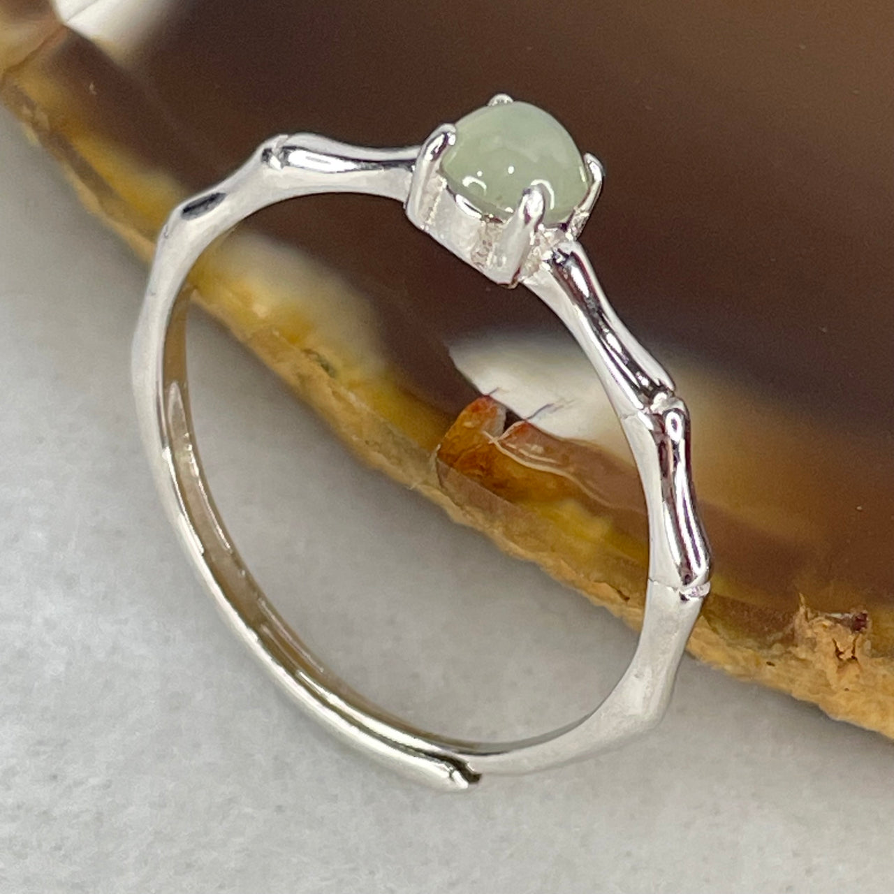 Type A Icy Faint Green Cabochon Jadeite in S925 Sliver Bamboo Ring (Adjustable Size) 1.01g 4.0 by 2.5mm - Huangs Jadeite and Jewelry Pte Ltd