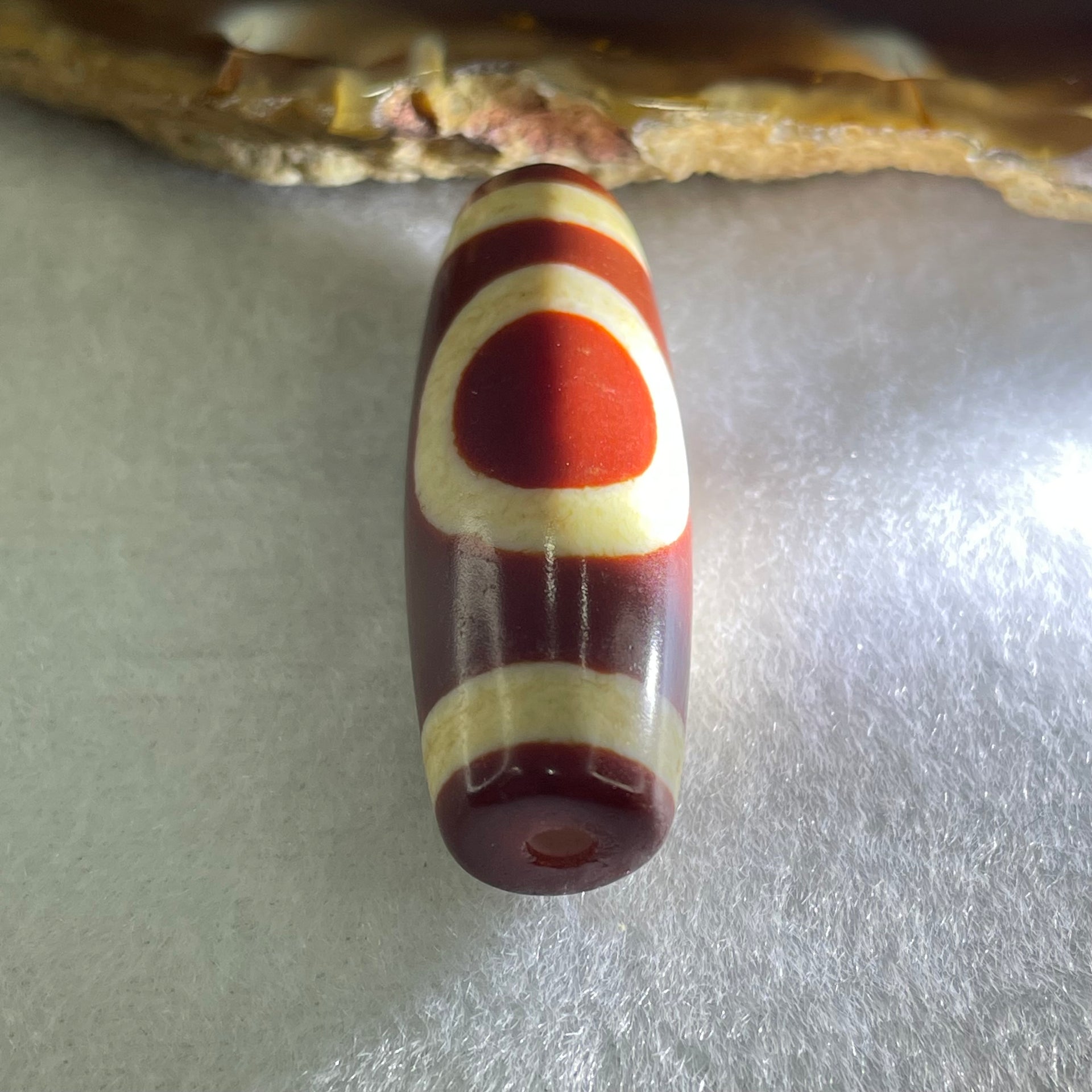 Natural Powerful Tibetan Old Oily Red White Agate One Eye Fire Sign Dzi Bead Heavenly Master (Tian Zhu) 一眼火天珠 10.41g 38.0 by 13.3mm - Huangs Jadeite and Jewelry Pte Ltd