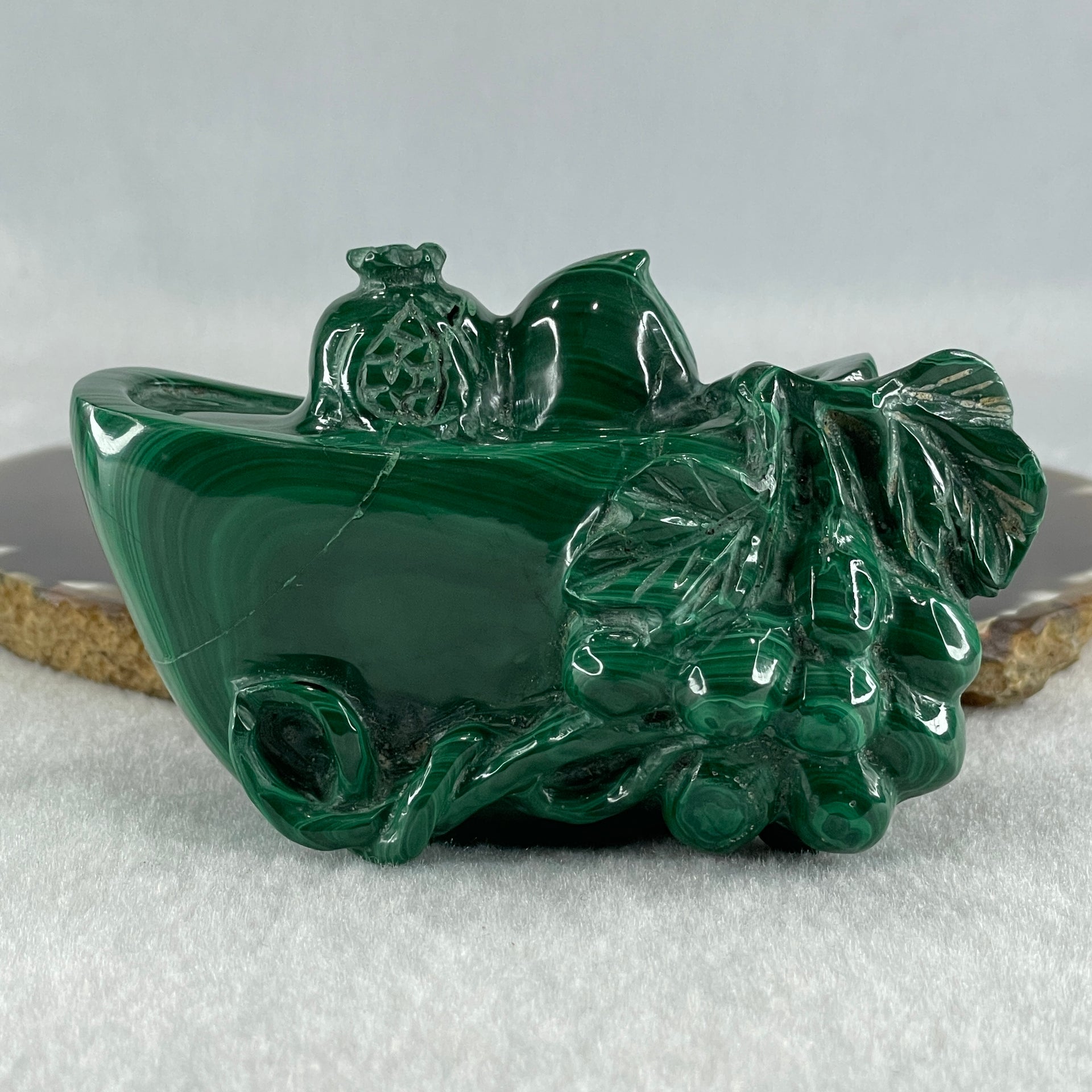Natural Malachite Yuan Bao Ingot with Money bag and Longevity Beach with Wooden Stand Display 402.5g 96.5 by 45.8 by 76.0mm - Huangs Jadeite and Jewelry Pte Ltd