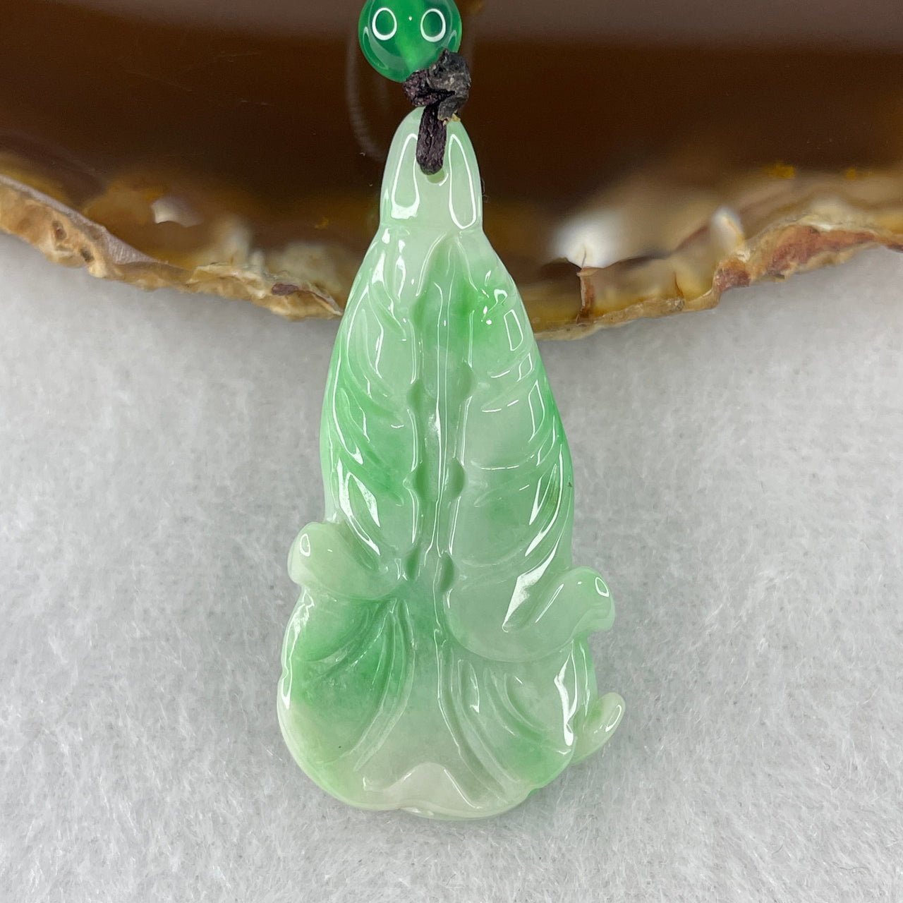 Natural Type A Light Green Jadeite Cabbage Pendant with Apple Green Piao Hua | 100% Untreated Hand-Carved Bai Cai Fortune Talisman | Solid Fei Cui Jade Pendant (10.88g | 42.3 × 20.5 × 6.0mm)