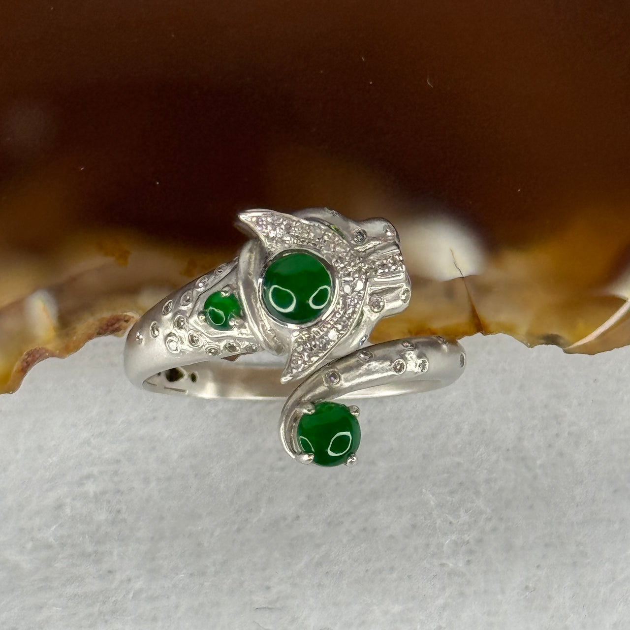 Type A Burmese Full Spicy Green Jade Jadeite Leopard 18K White Gold Ring with Diamonds 3.36g US6.75 HK15 Inner Dia 17.4mm - Huangs Jadeite and Jewelry Pte Ltd