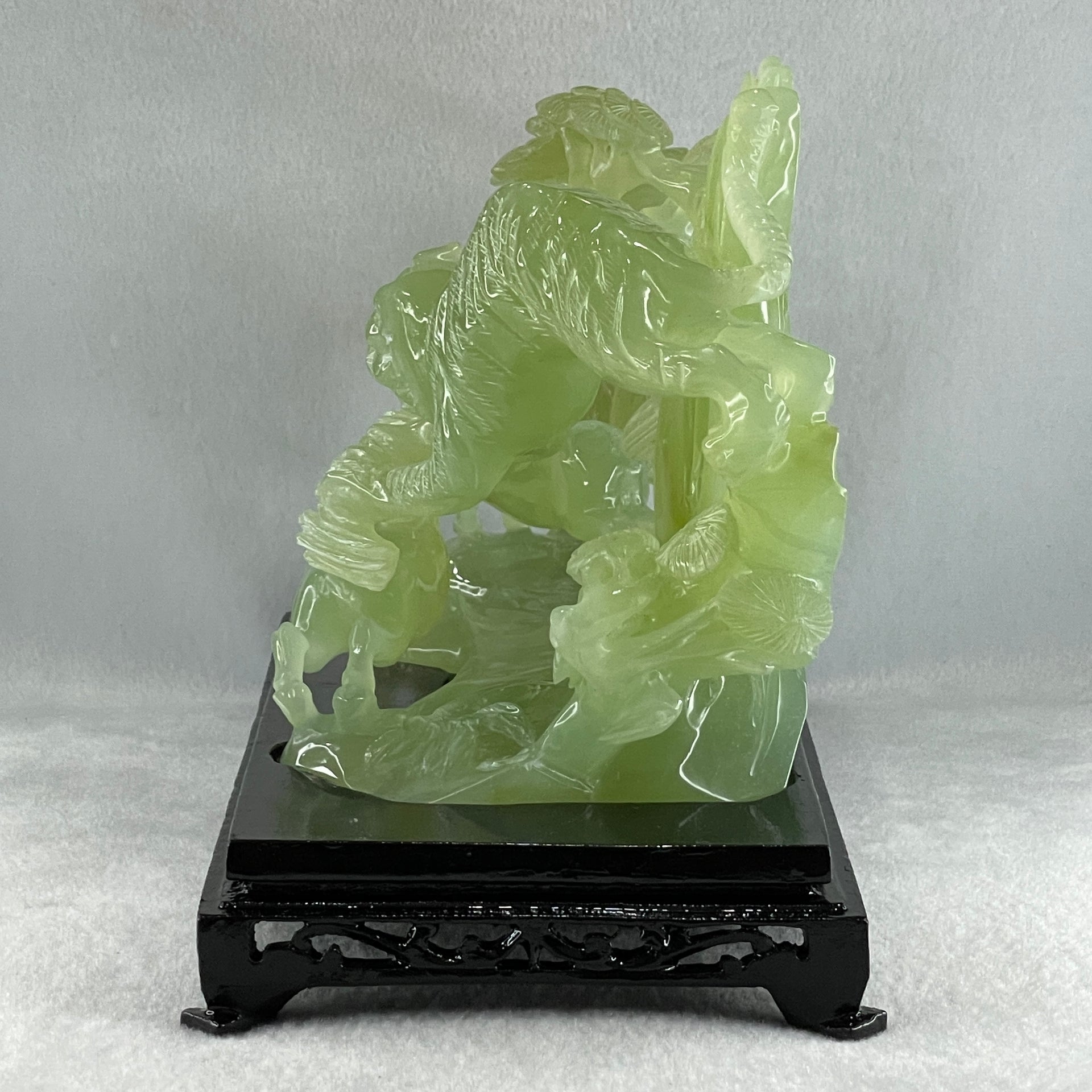 Natural Jelly Green Serpentine Tiger with Double Horse and Twin Flamingo on Shan Shui with Wooden Stand Display 2,362.7g 295.0 by 148.0 by 206.0mm - Huangs Jadeite and Jewelry Pte Ltd