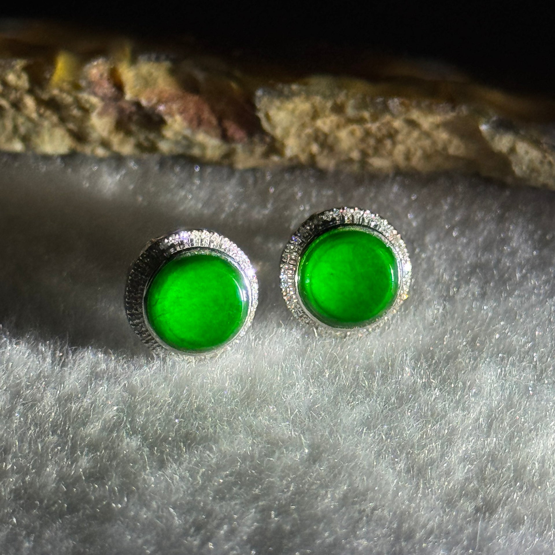 Type A Icy Old Mine Full Green Hua Qing Jade Jadeite with Diamonds Round Earrings 2.35g 9.5 by 9.5 by 5.7mm - Huangs Jadeite and Jewelry Pte Ltd