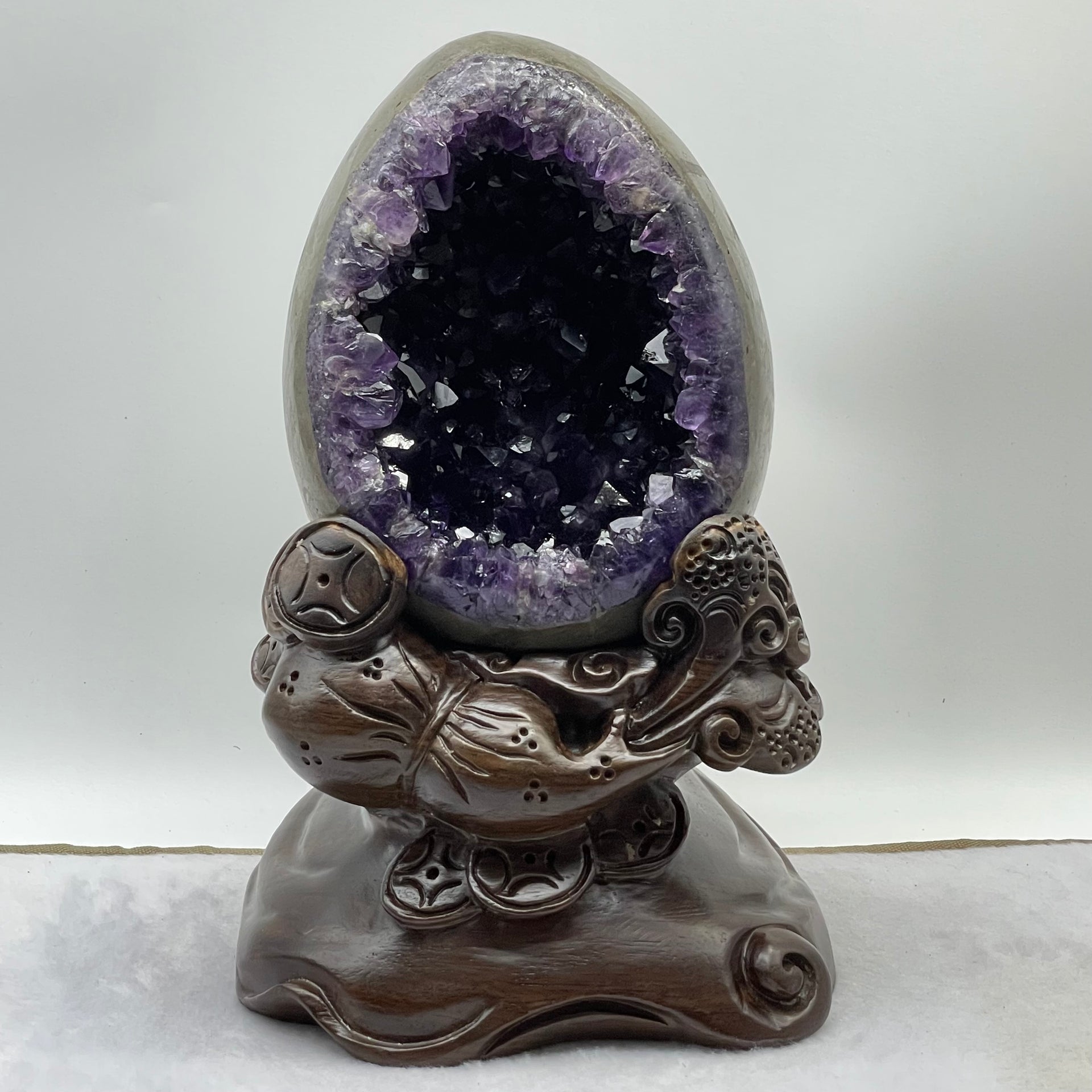 Natural Deep Purple Amethyst Egg with Wooden Stand Display Total Weight 6,264.9g 180.0 by 200.0 by 285.0mm - Huangs Jadeite and Jewelry Pte Ltd