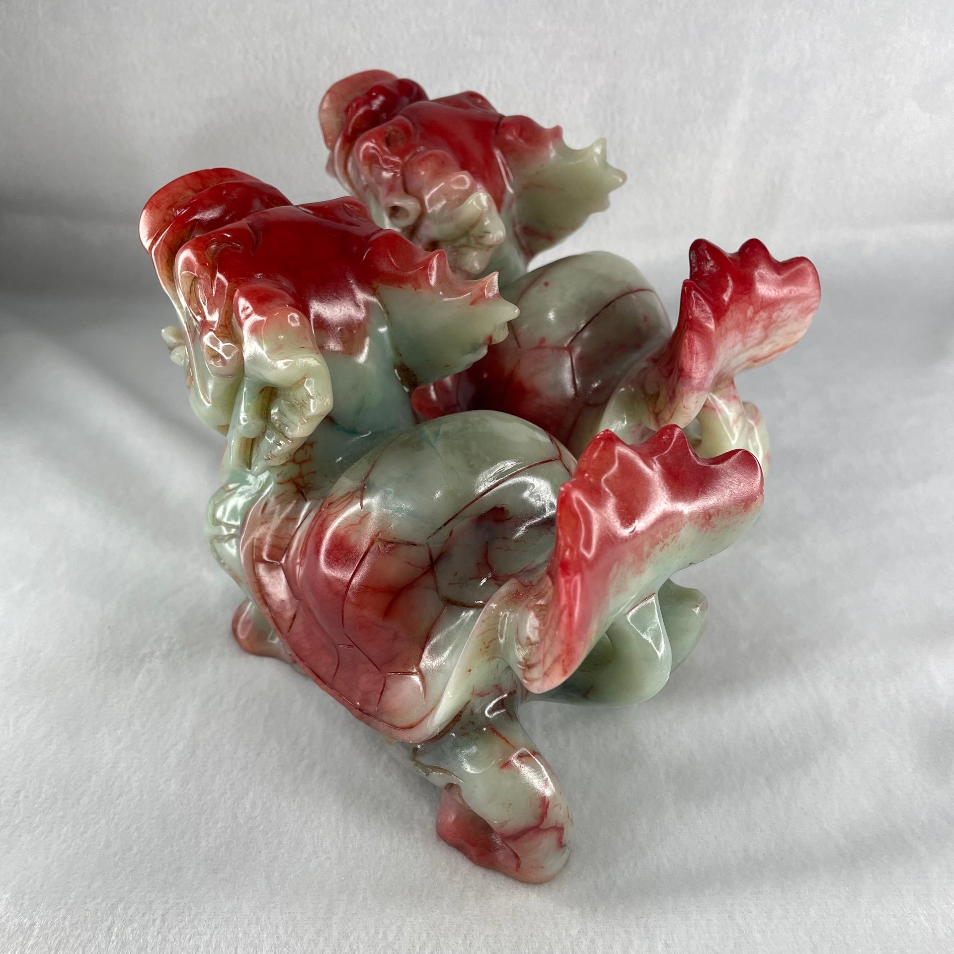 Antique Natural Red Green Marble Long Gui Dragon Turtle Pair Total Weight 2,753.5g each about 155.0 by 70.0 by 11.0mm (Slight Chips) - Huangs Jadeite and Jewelry Pte Ltd