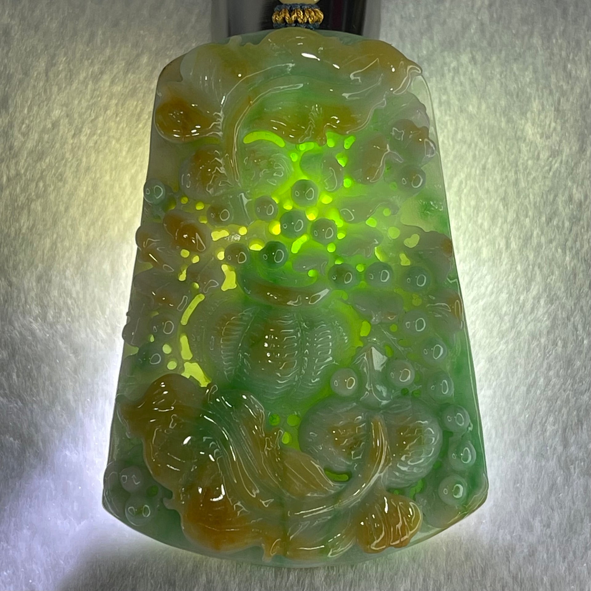 Grand Master Type A Green with Yellow Patches Jadeite Goldfish Pair and Basket of Flowers Pendant 连年有余 109.37g 76.2 by 53.5 by 12.3mm - Huangs Jadeite and Jewelry Pte Ltd