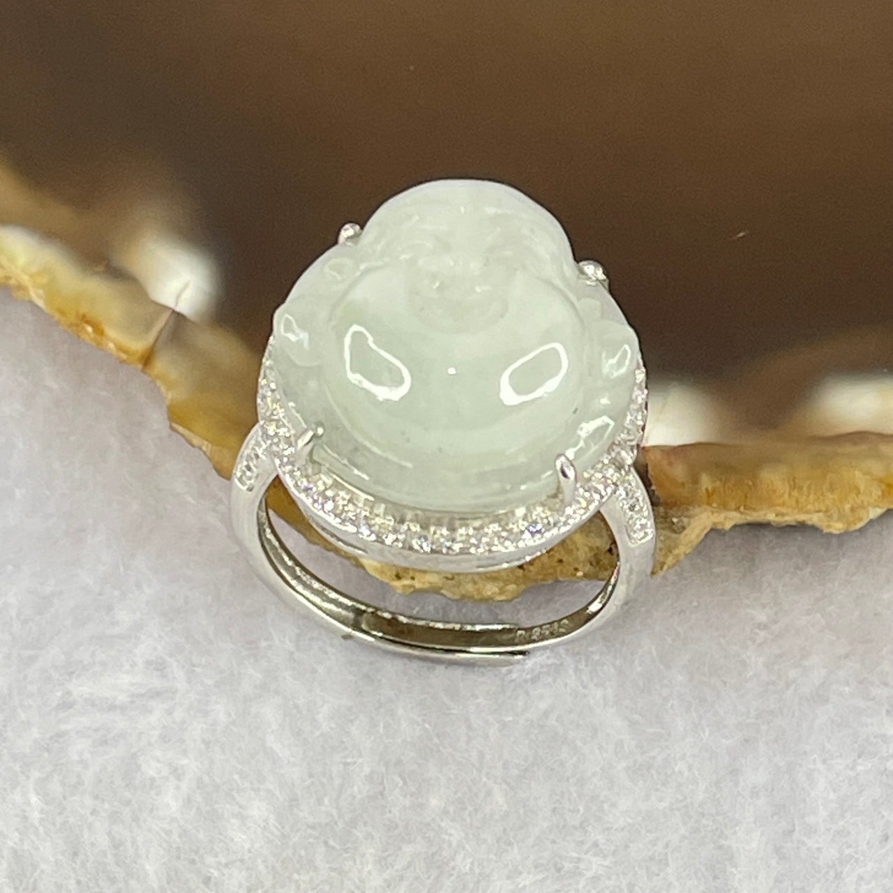 Type A Faint Lavender Green Jadeite Milo Buddha in S925 Ring (Adjustable Size) 6.28g 16.6 by 16.6 by 9.2mm - Huangs Jadeite and Jewelry Pte Ltd