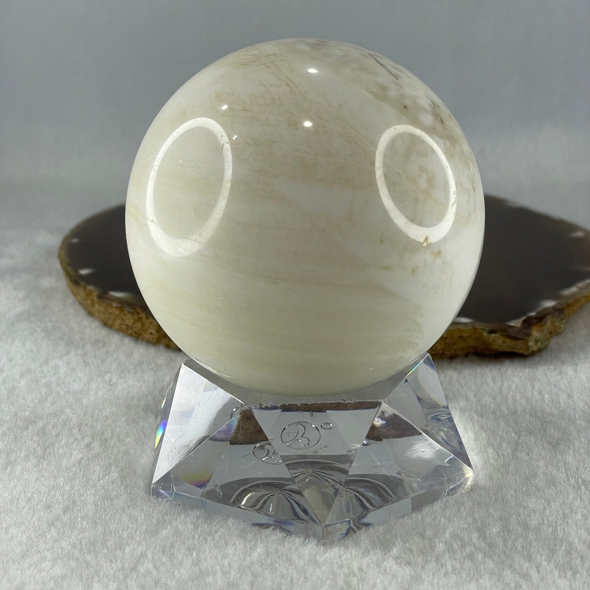 Natural White with Yellow Calcite Sphere Ball with Acrylic Display 578.5g 71.4 by 86.5mm - Huangs Jadeite and Jewelry Pte Ltd