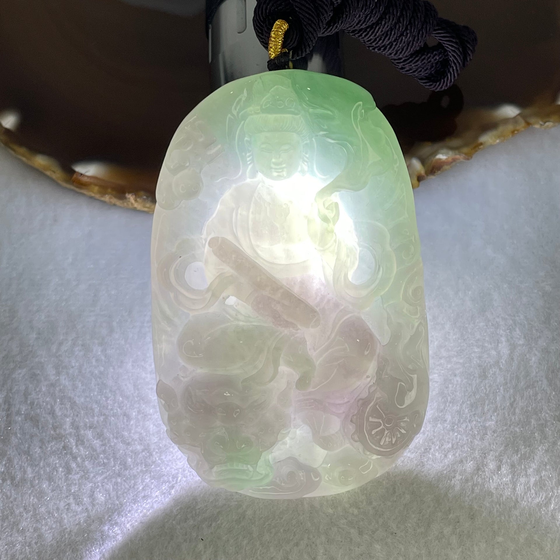 Grand Master Type A Jelly Lavender and Green Piao Hua Jadeite Manjusri Bodhisattva Pendant 90.51g 77 by 50 by 12.8mm - Huangs Jadeite and Jewelry Pte Ltd