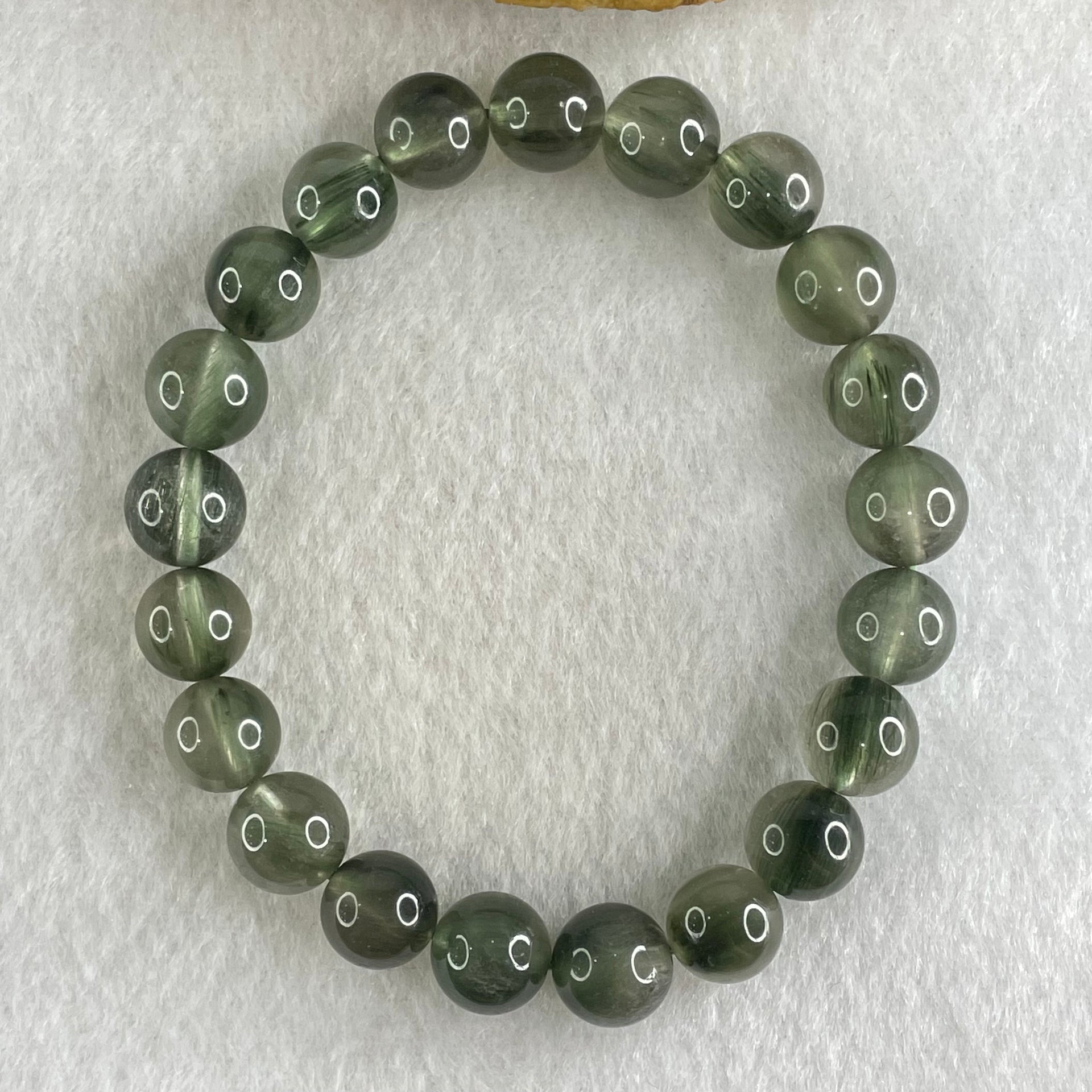Good Grade Natural Green Rutilated Quartz Beads Bracelet 22.20g 15.5cm 9.4mm 21 Beads - Huangs Jadeite and Jewelry Pte Ltd