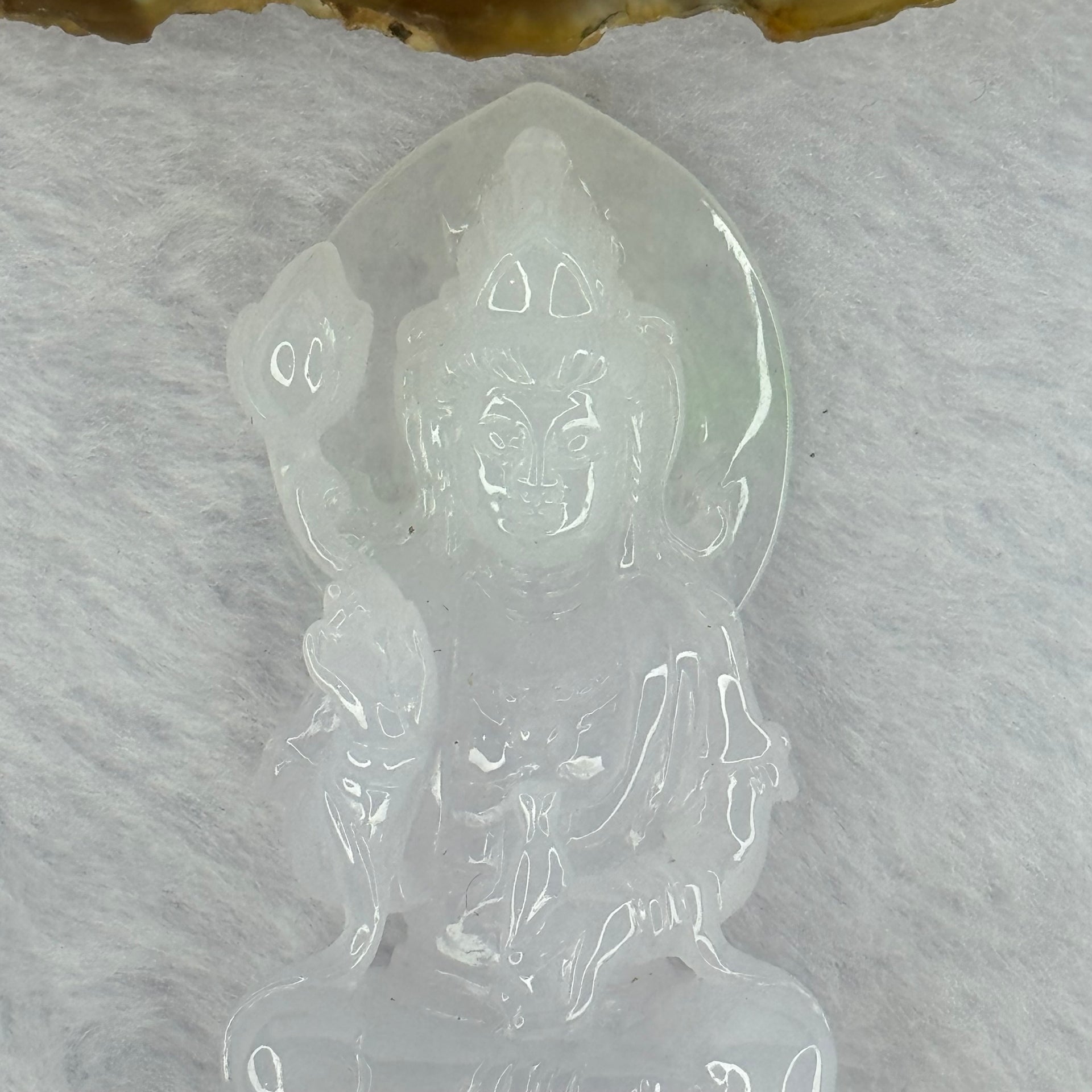 Type A Light Lavender with Green Patches Jadeite Guan Yin Pendent with Wooden Stand 111.55g  111.8 by 58.7 by 46.6mm - Huangs Jadeite and Jewelry Pte Ltd