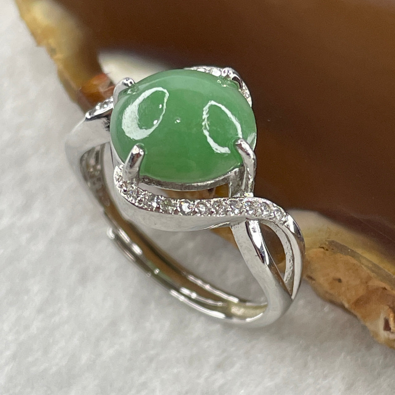 Type A Green Jadeite Ring in S925 Sliver with Cubic Zirconia 2.67g 9.5 by 8.7 by 4.0mm (Adjustable Size)
