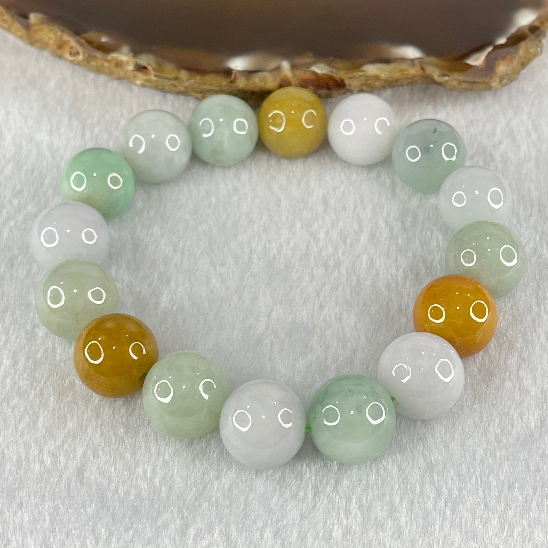 Type A Light Green Faint Lavender and Yellow Jadeite Beads Bracelet 64.31g 18cm 13.5mm 16 Beads - Huangs Jadeite and Jewelry Pte Ltd