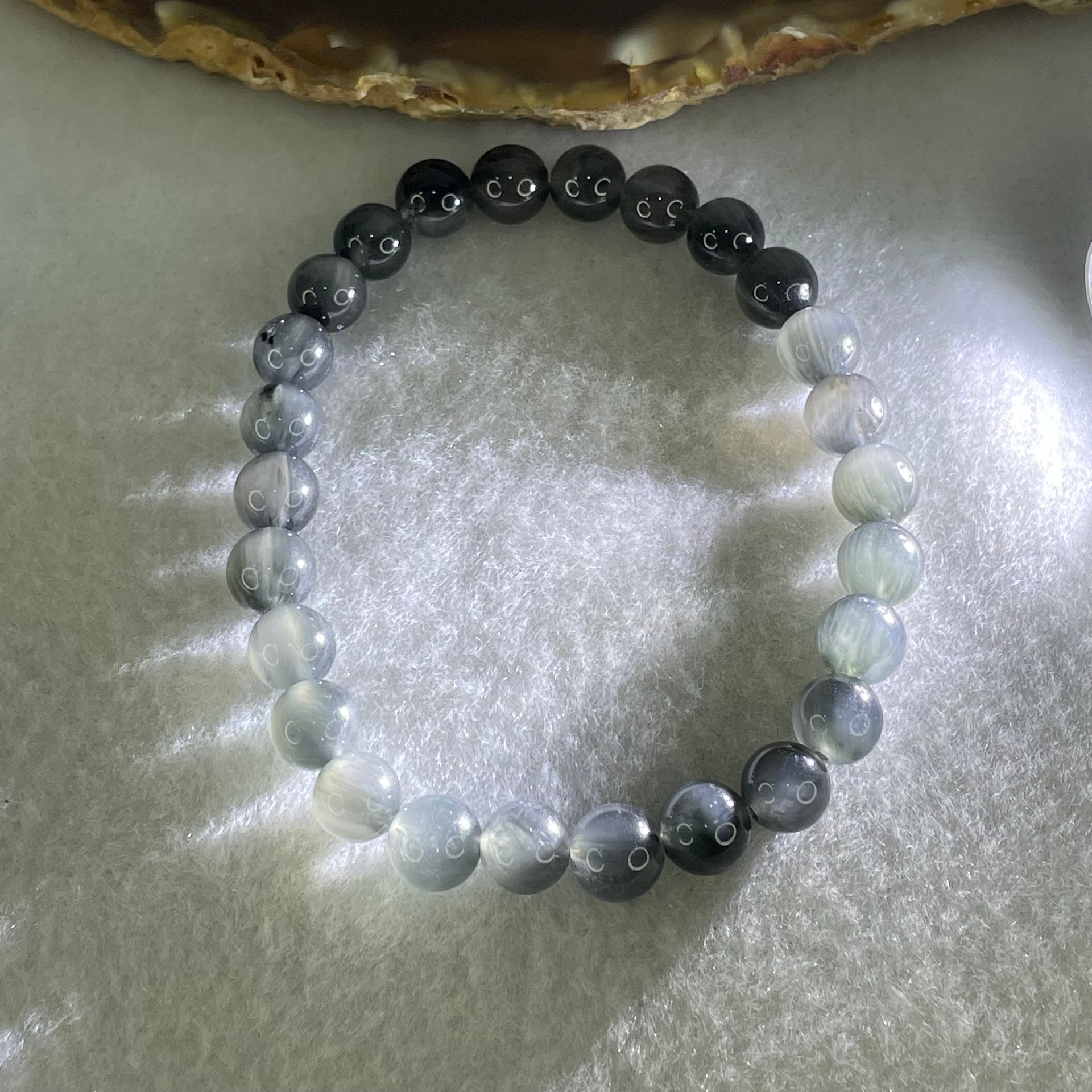 Good Grade Natural Grey Rabbit Hair Rutilated Quartz Beads Bracelet 12.65g 15.5cm 7.3mm 26 Beads - Huangs Jadeite and Jewelry Pte Ltd