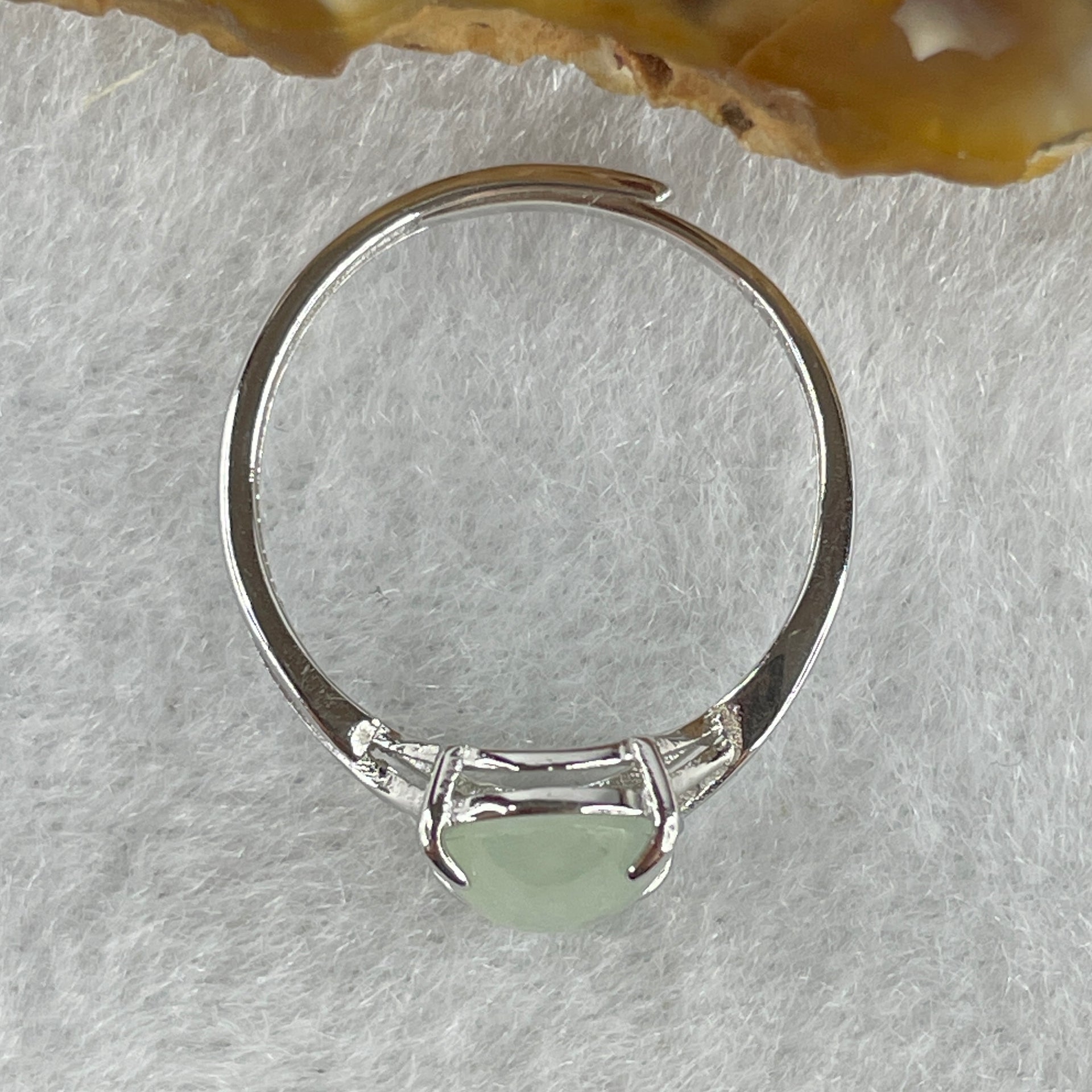 Natural Type A Semi Icy Faint Green Jadeite Oval Shape Cabouchon in S925 Silver Ring (Adjustable Size) 1.38g 9.5 by 7.2 by 3.5mm - Huangs Jadeite and Jewelry Pte Ltd
