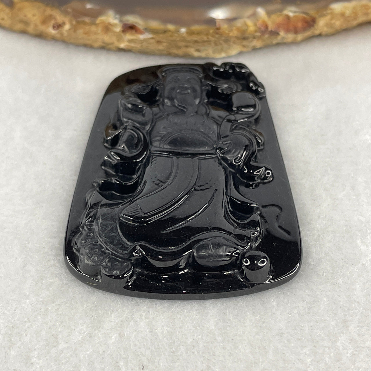 Certified Type A Opaque Black Omphacite Jadeite Cai Shen Ye God of Fortune Pendant | Wealth & Abundance Protection Talisman (24.00g | 60.8 x 39.7 x 7.5mm)