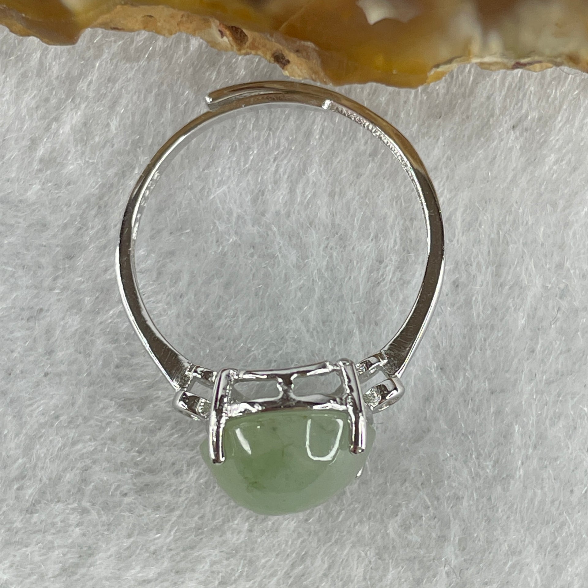 Natural Type A Semi Icy Faint Green Jadeite Oval Shape Cabouchon in S925 Silver Ring (Adjustable Size) 2.04g 11.0 by 9.4 by 5.5mm - Huangs Jadeite and Jewelry Pte Ltd