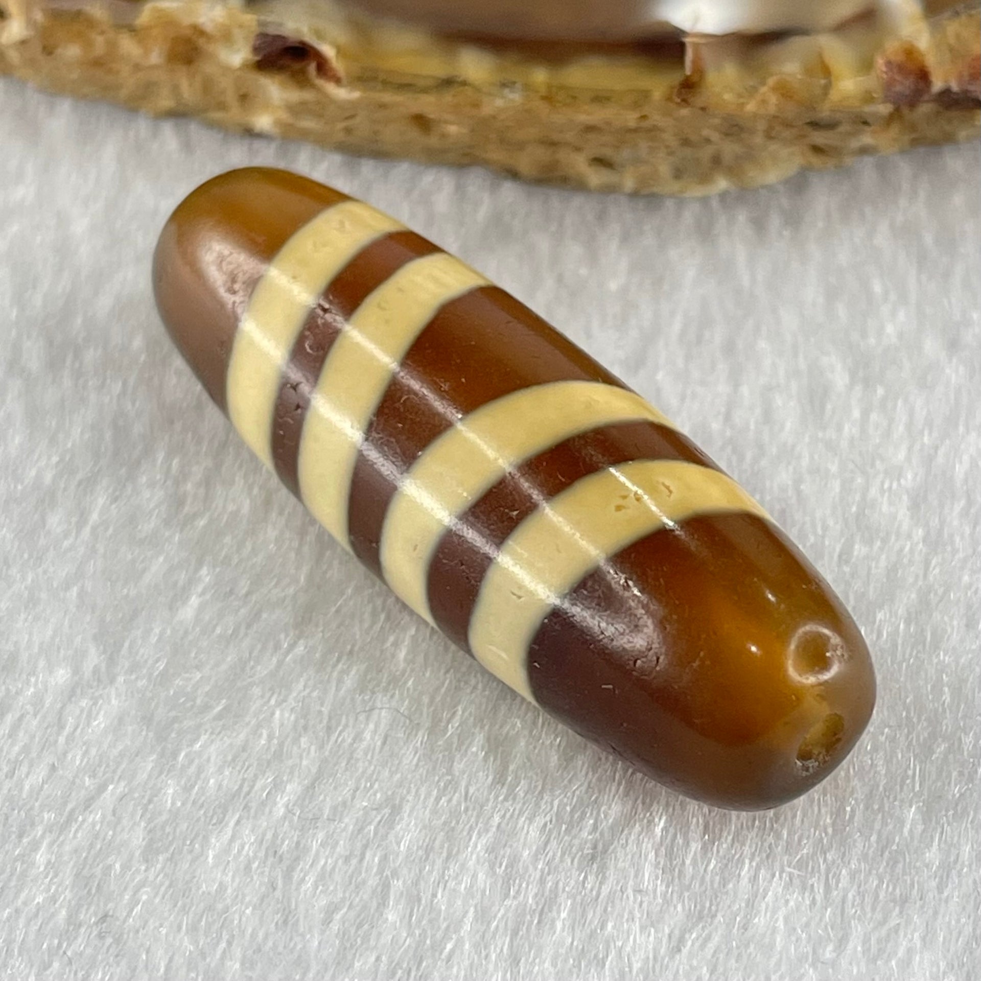 Natural Powerful Tibetan Old Oily Yellowish Brown with Yellowish White Agate 4 Lines Bead Heavenly Master (Tian Zhu) 9.39g 38.7 by 12.5mm - Huangs Jadeite and Jewelry Pte Ltd