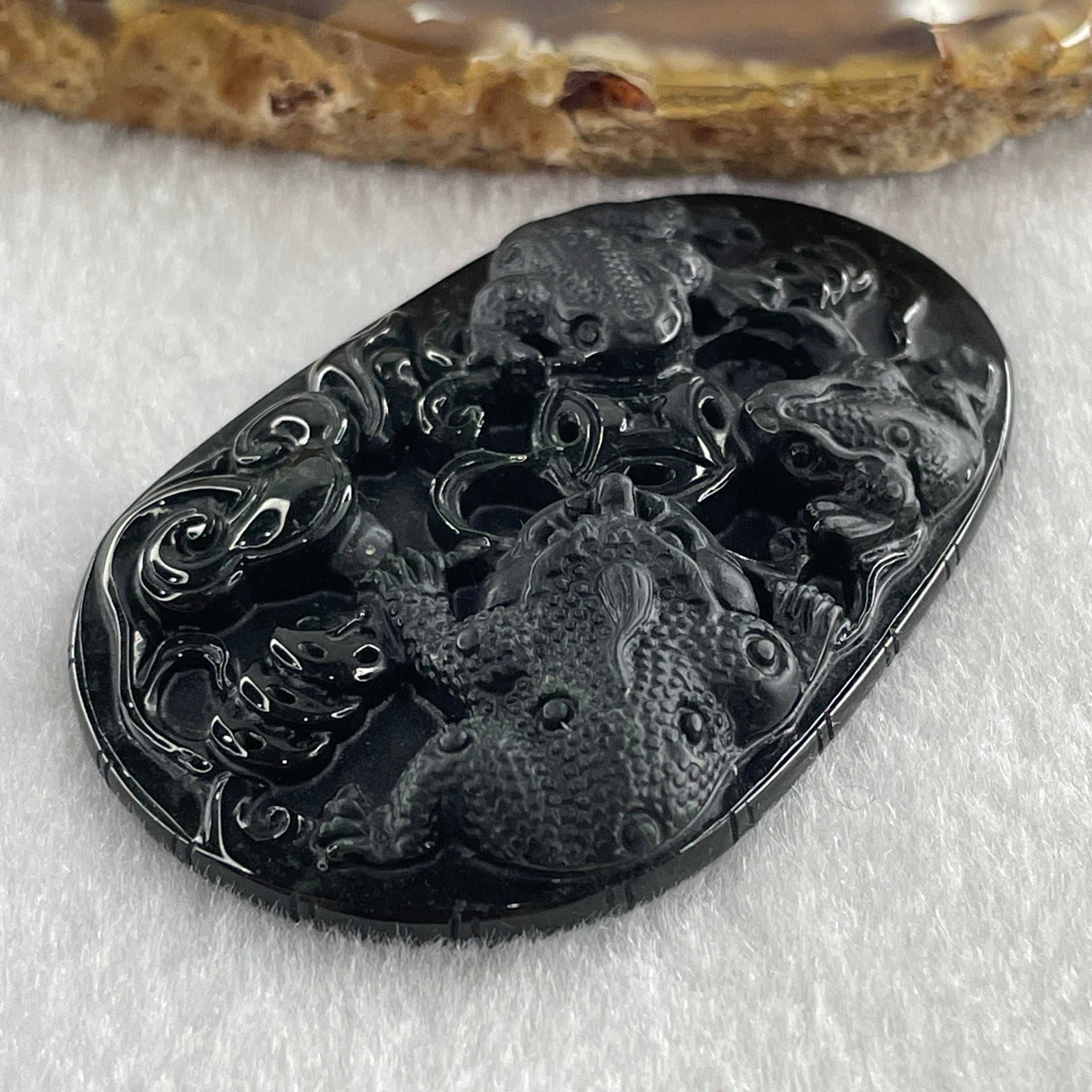Type A Opaque to Partial Translucent Black Omphacite Jadeite Triple 3 Legged Toad Chan Chu with Coins and Ruyi Pendant 19.22g 53.0 by 34.7 by 7.6mm - Huangs Jadeite and Jewelry Pte Ltd